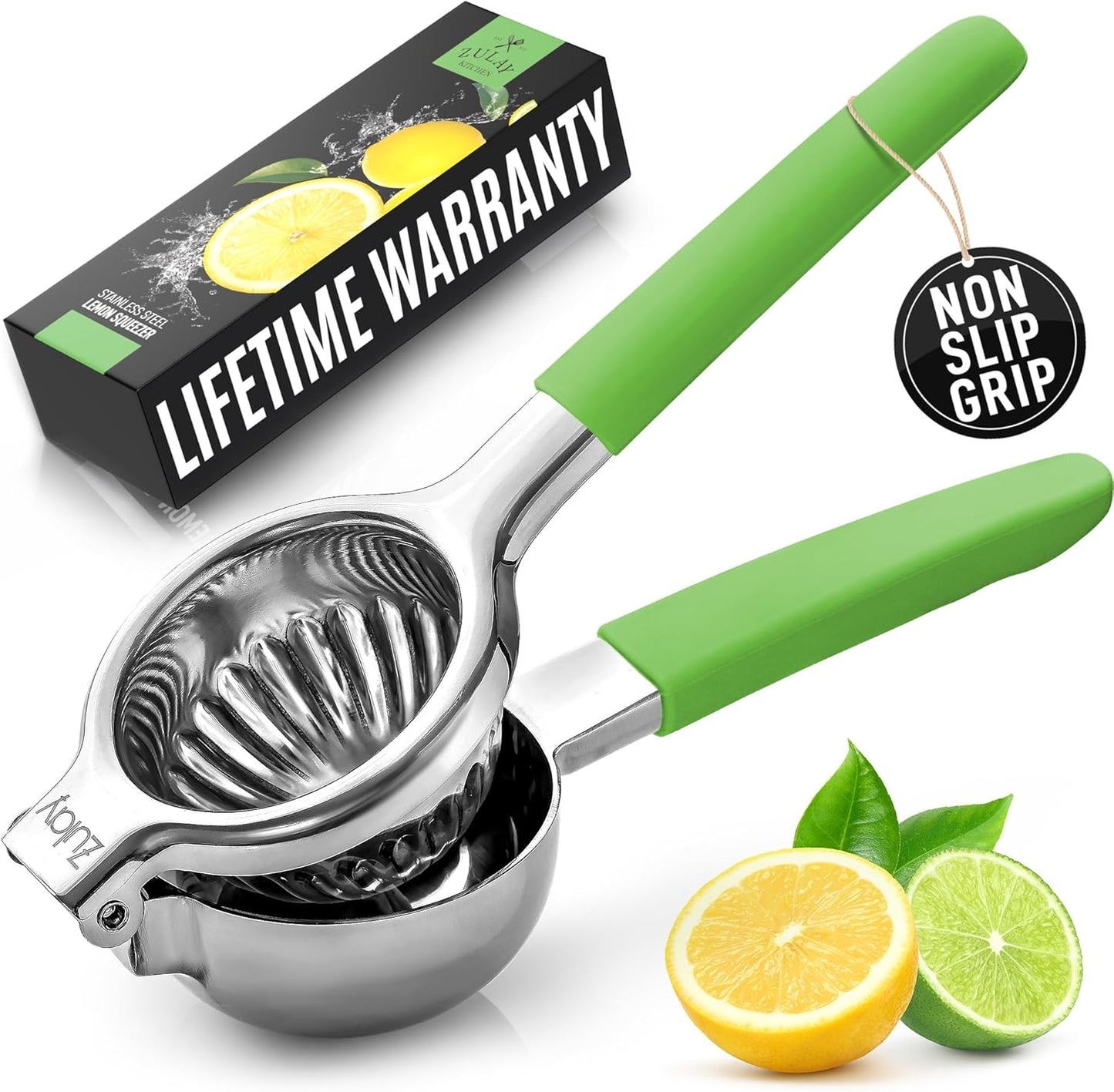 Zulay Lemon Squeezer Stainless Steel with Premium Heavy Duty Solid Metal Squeezer Bowl and Food Grade Silicone Handle - Large Manual Citrus Press Juicer and Lime Squeezer Stainless Steel (Light Green)