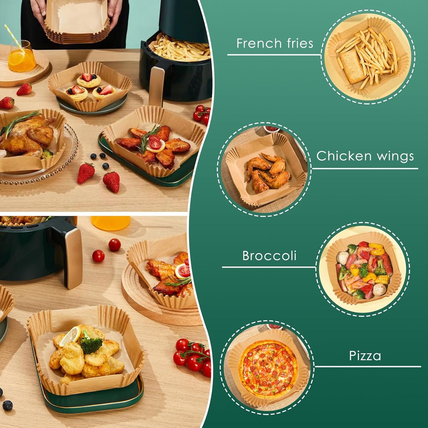 Air Fryer Paper Liners, 50 PCS Air Fryer Liners Disposable, 8" Square Baking Liner for 5-8 qt Airfryer Basket, Non-stick and Oil Proof Parchment Paper for Oven, Pans & Baking