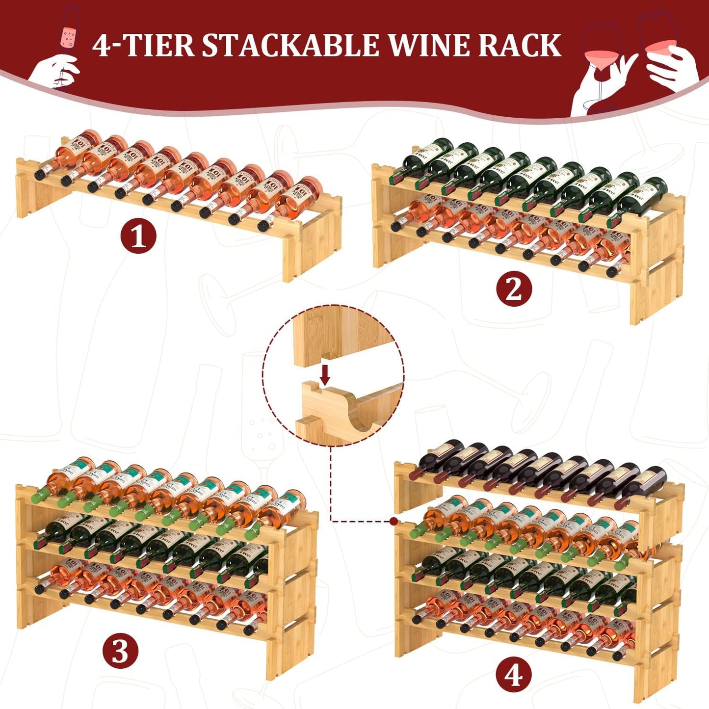 Domax Wine Rack Freestanding Floor - 36 Wine Bottle Holder, Large Stackable Wooden Storage Racks for Inside Cabinet and Countertop (Yellow)