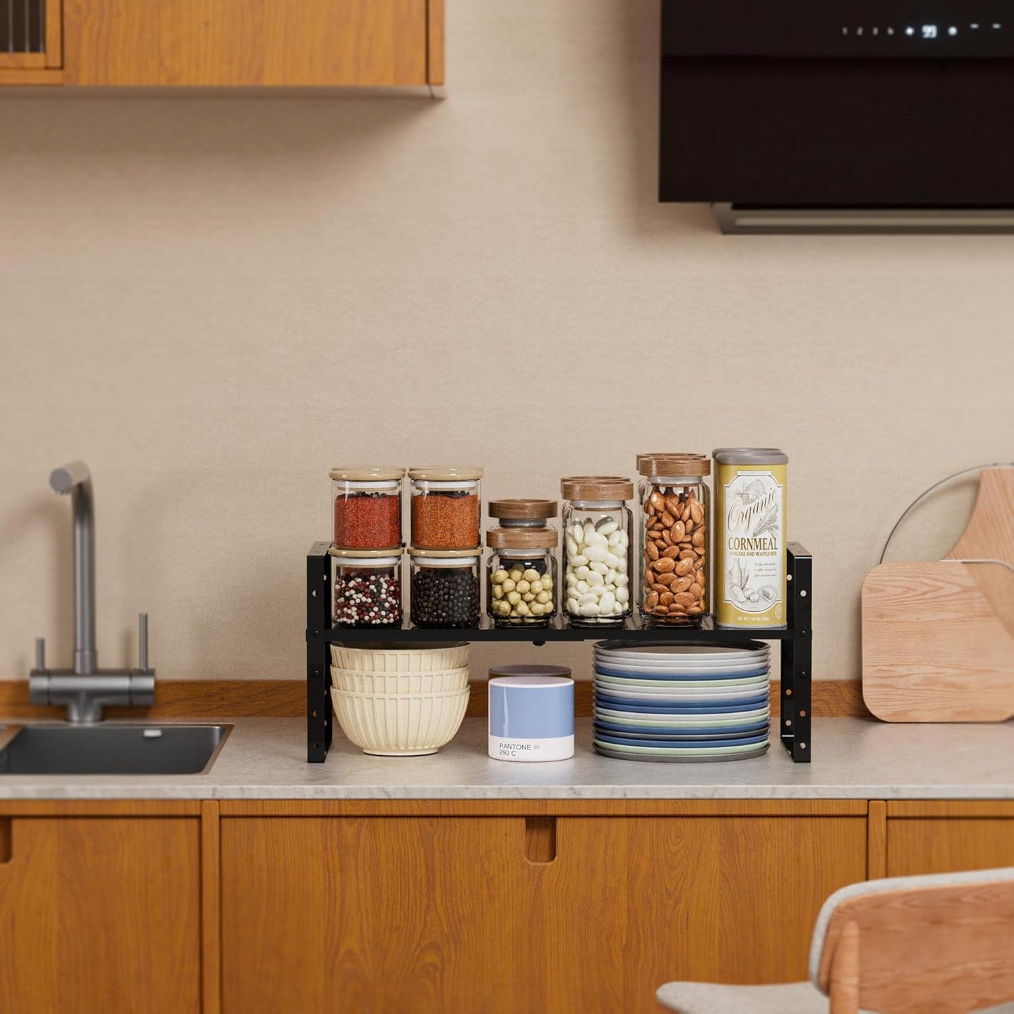 Expandable Shoe Rack Stackable Metal Pantry Storage Shelves Stand Adjustable Height Cabinet Shelf Organizer Racks Spice Shelving(1PACK/BLACK,MEDIUM)