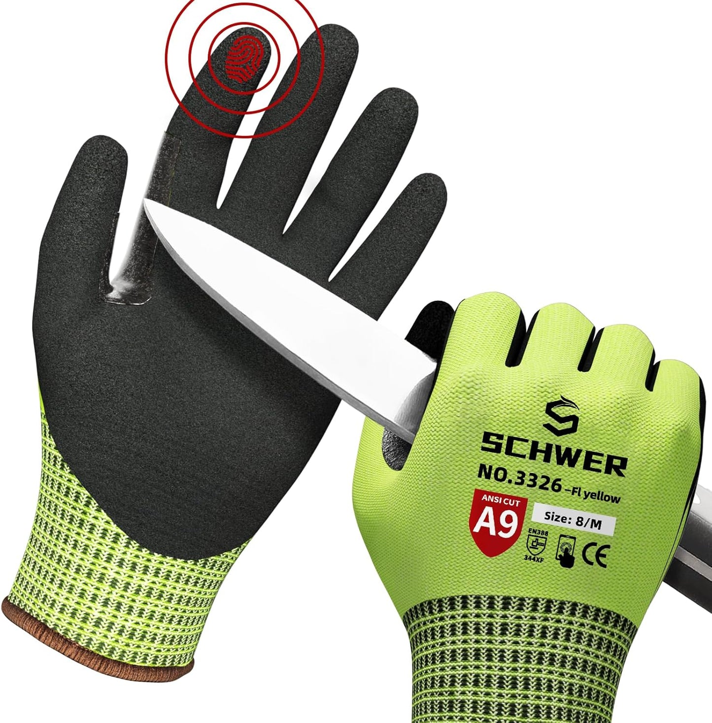 Schwer ProGuard Highest Level Cut Resistant Work Gloves PR3326 for Extreme Protection，ANSI A9 Cut Gloves with Reinforced Thumb, Non Slip, Breathable, Durable, Touch-screen, Non PFAS, Yellow 1 Pair（M）