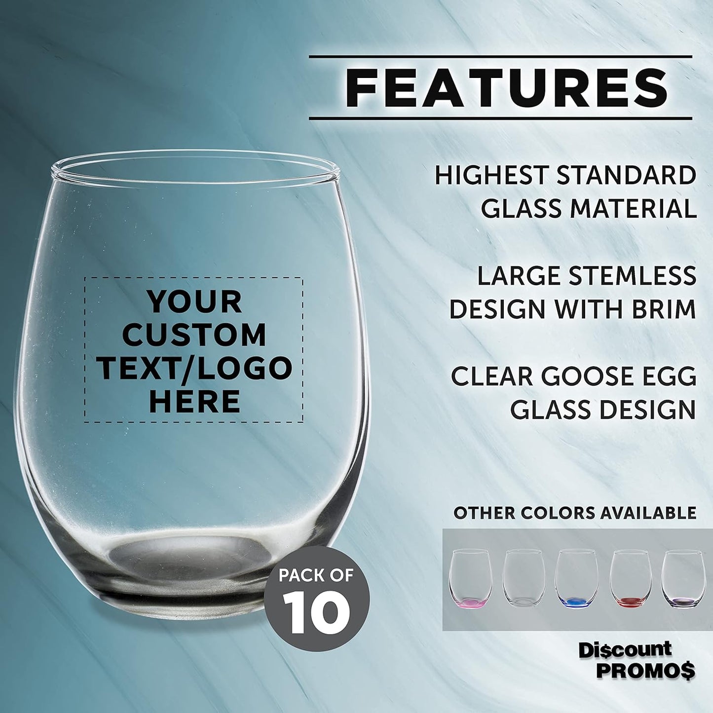 Custom Stemless Wine Glasses in Bulk by ARC Perfection, 15 oz, 10 pack, Personalized Text, Logo, Red or White Wine Glass Set, Black
