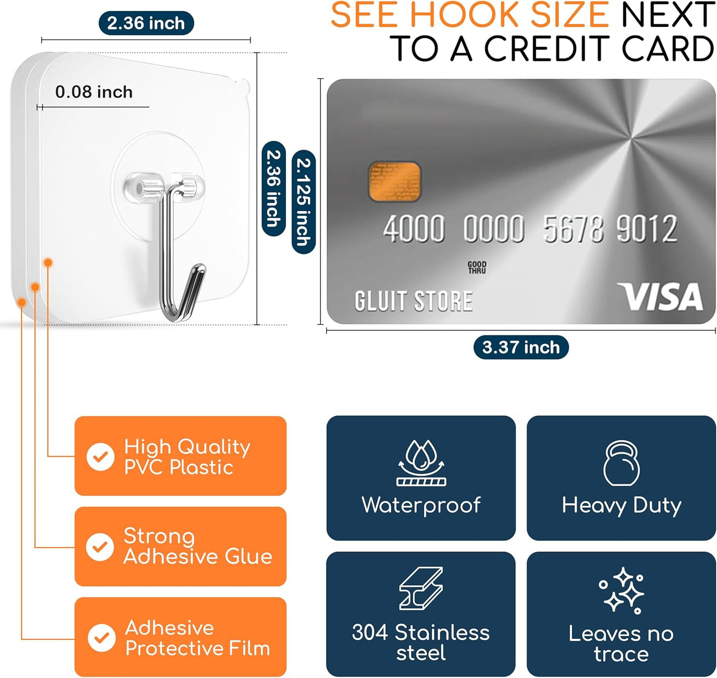 GLUIT Adhesive Wall Hooks for Hanging Heavy Duty 22 lbs Hooks for Walls No Damage, Towel Sticky Clear Hooks, Waterproof, Home, Bathroom, Kitchen, Office, and Outdoor, 40 Pack