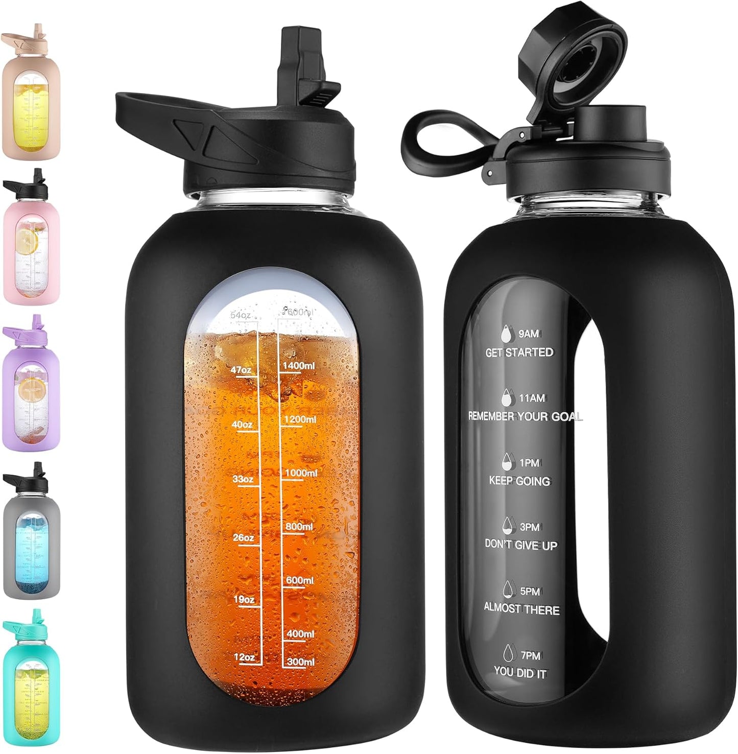 CIVAGO 64 oz Glass Water Bottle Jug with Straw and Handle, Half Gallon Sports Motivational Water Bottle with Time Marker, Wide Mouth Flask Canteen with Silicone Sleeve for Gym, Black