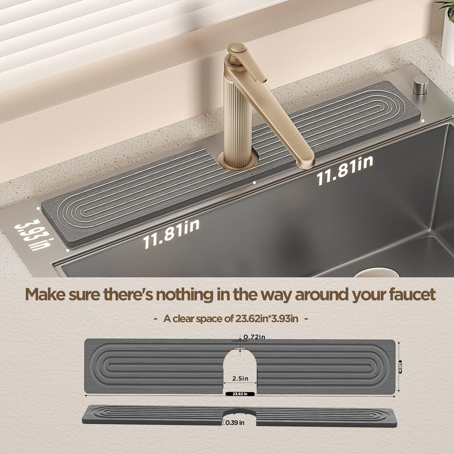 Faucet Mat for Kitchen Sink, Diatomite Stone Drying Sink Protectors, Bathroom Faucet Splash Guard, Quick Dry Water Absorbing, Non-Slip Stone Tray for Kitchen Counter, Grey, 23.6" x 3.9"