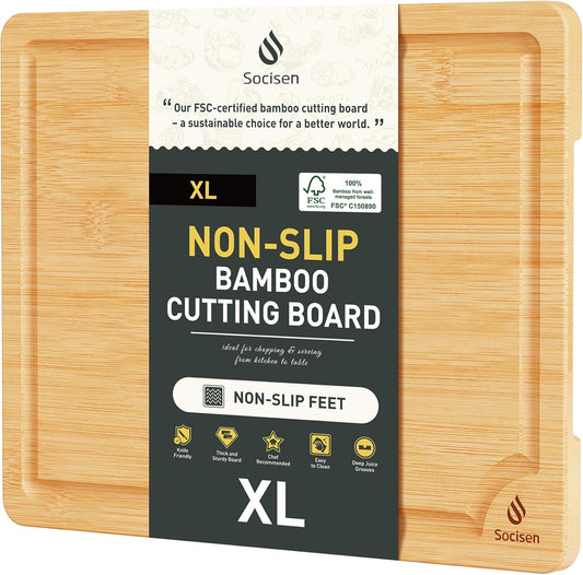 Extra Large Bamboo Board Charcuterie Non Slip Feet Over Sink Wooden Cutting Chopping Board Butcher Block Nice Solid Thick Juice Groove Big Xl XXl xlarge Hardwood Kitchen Counter Organic Meat BBQ Kit
