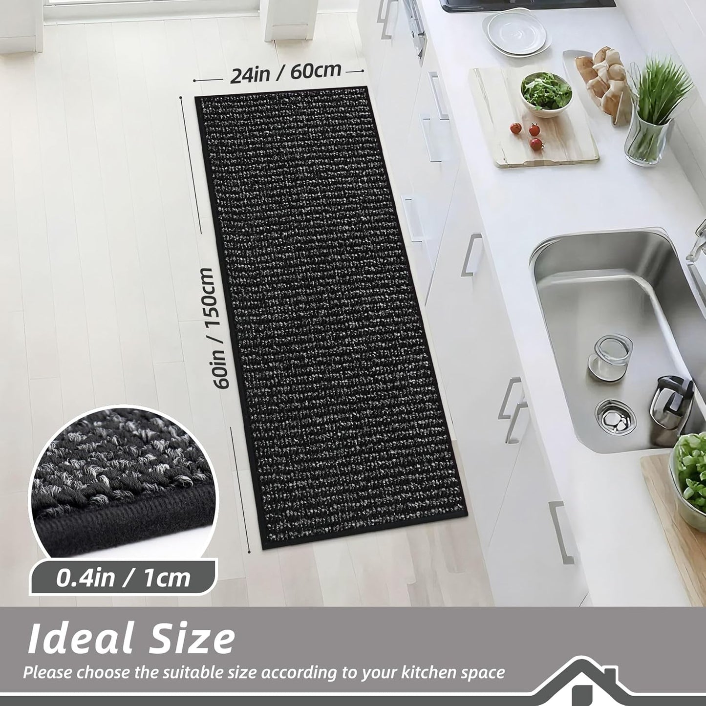 BEQHAUSE Kitchen Runner Rugs 24"x60", Non-Slip Kitchen Mats for Floor, Super Absorbent and Stain Resistant Kitchen Rug, Machine Washable Rugs for Kitchen, Hallway, Laundry & Sink, Black