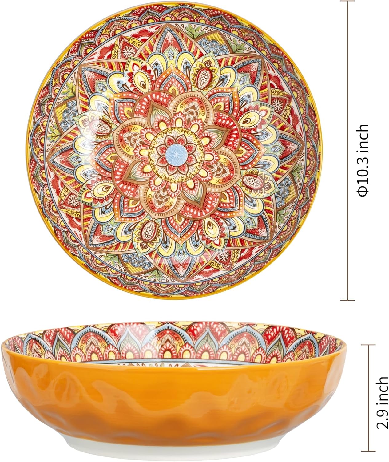 75 Oz Serving Bowls,Bohemian Style Large Porcelain Dishes for Entertaining Parties,Big Bowls for Eating Soup, Salad, Pasta, Fruit, Chips, 10.3 Inch Diameter (orange)