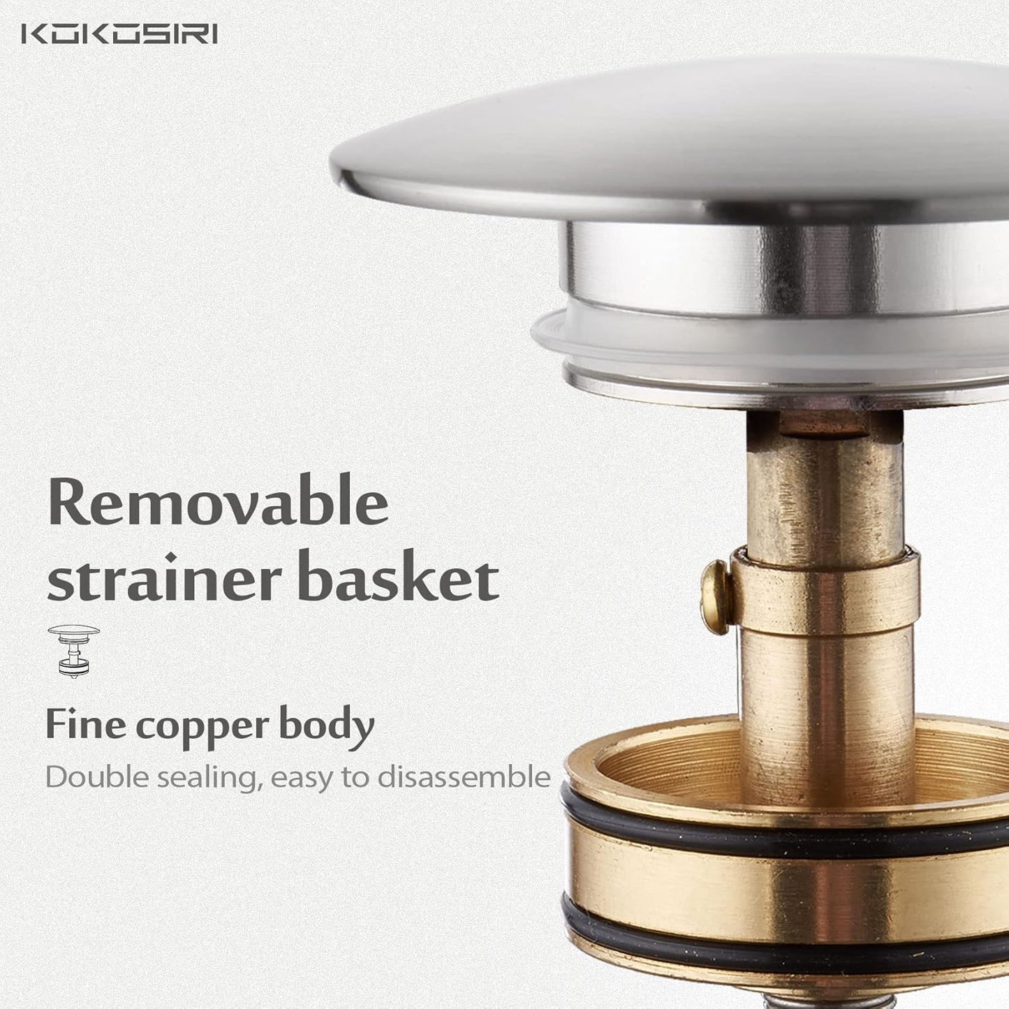 KOKOSIRI Bathroom Sink Drain with Detachable Hair Catcher, Brushed Nickel Pop Up Sink Drain with Strainer Basket Anti Clogging for Vanity Vessel Sink with Overflow, C1001BR