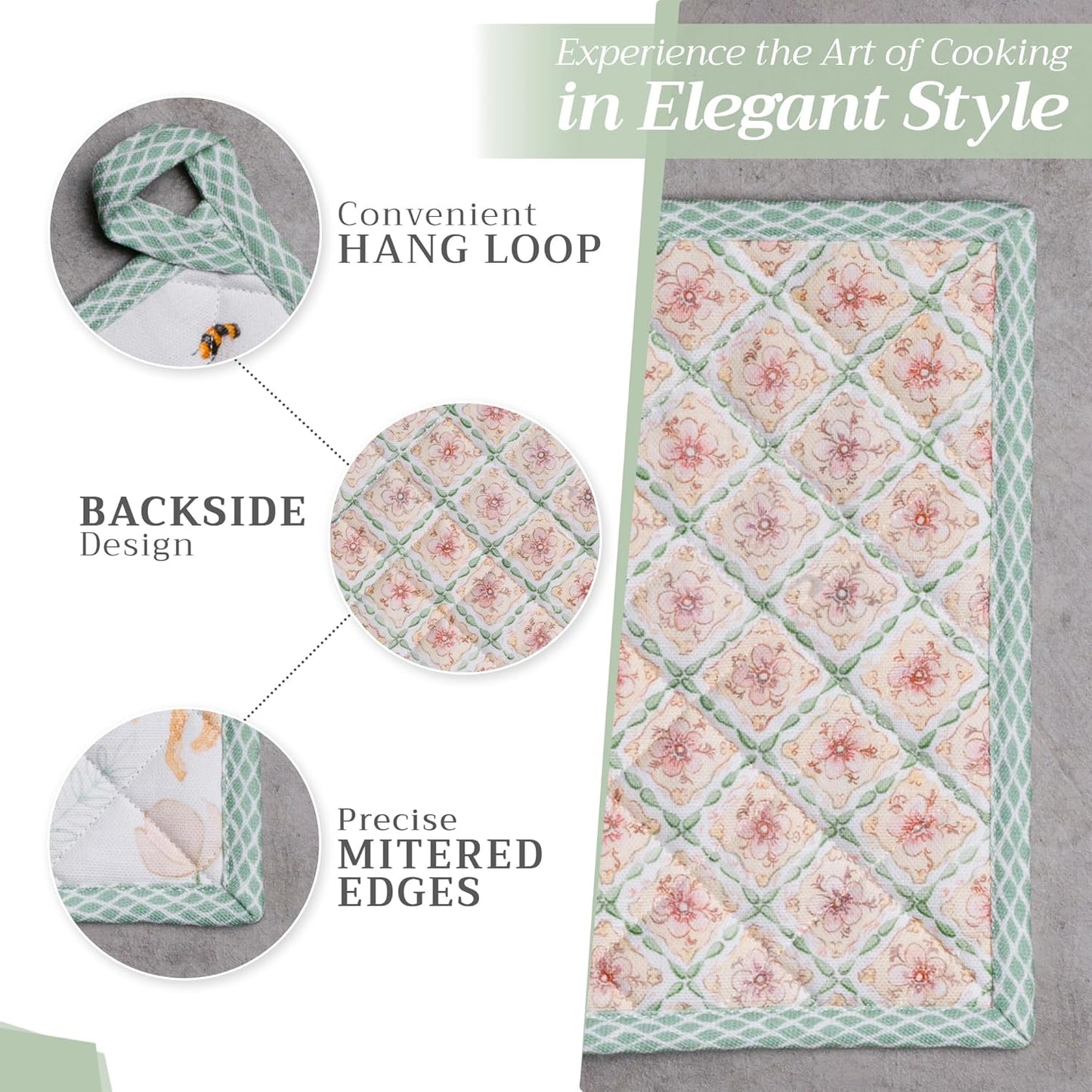 Maison d' Hermine 100% Cotton Oven Mitt & Pot Holder Set (7.5"x13" & 8"x8") Heat Resistant BBQ Cooking Gloves with Loop, Baking, Grilling, Kitchen, Handling Hot Pans Spring/Summer (Easter Dew)