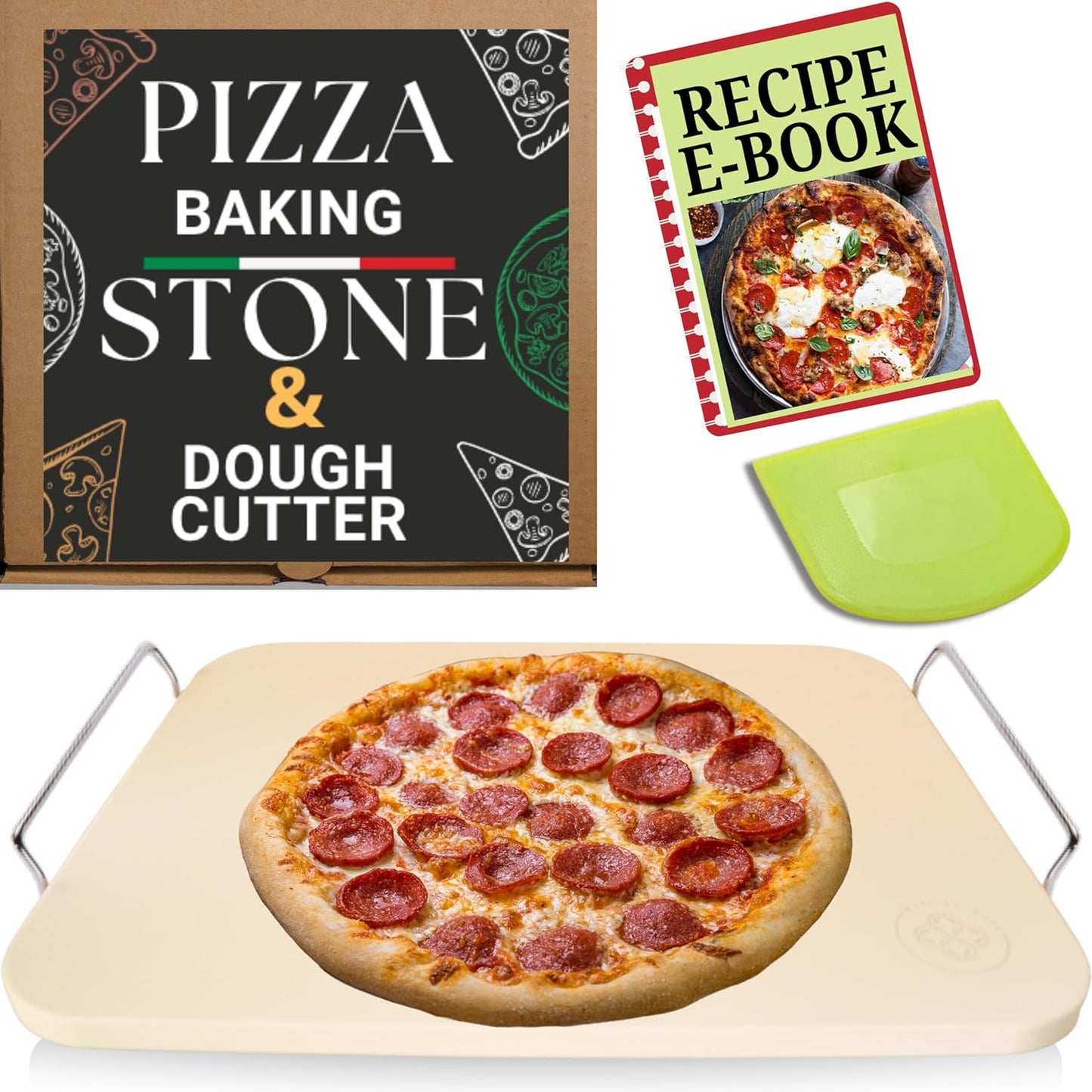 Pizza Stone for Oven and Grill - Rectangle Pizza Stones with Handles and Dough Cutter - 15 inch x 12 inch Grilling Stones - Baking Stone for Bread - Large Oven Stone