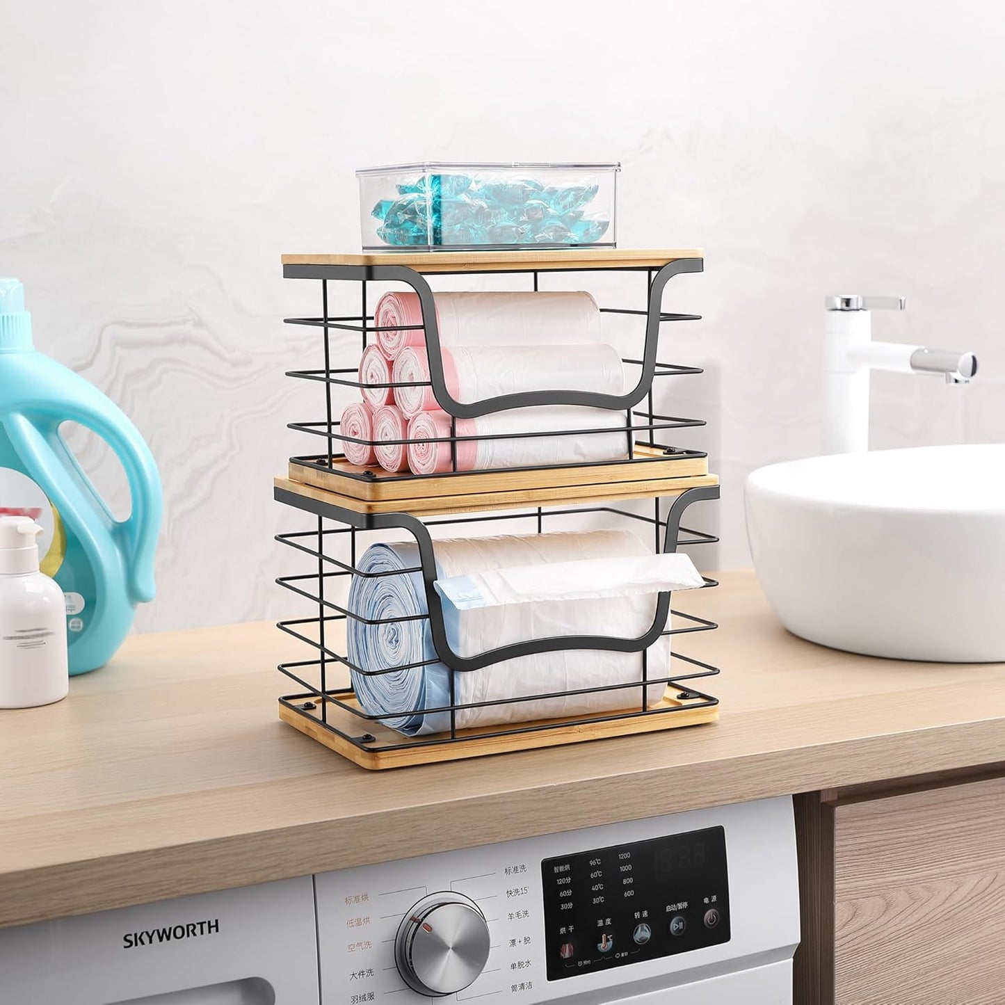 Trash Bag Dispenser Holder for Kitchen 2 Pack Laundry Room Trash Bag Holder Wall Mount Garbage Bag Dispenser Stainless Steel Roll Holder with Bamboo Top for Countertop, Under Sink