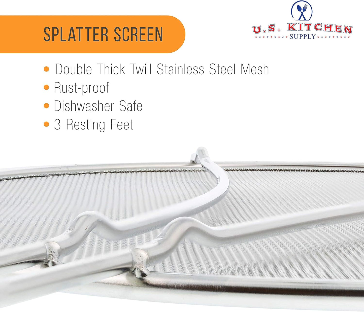 U.S. Kitchen Supply Stainless Steel Splatter Guard 13" Fine Mesh Cover, Grease & Oil, Splatter Screen for Frying Pan, Cooking Pots, with Resting Feet