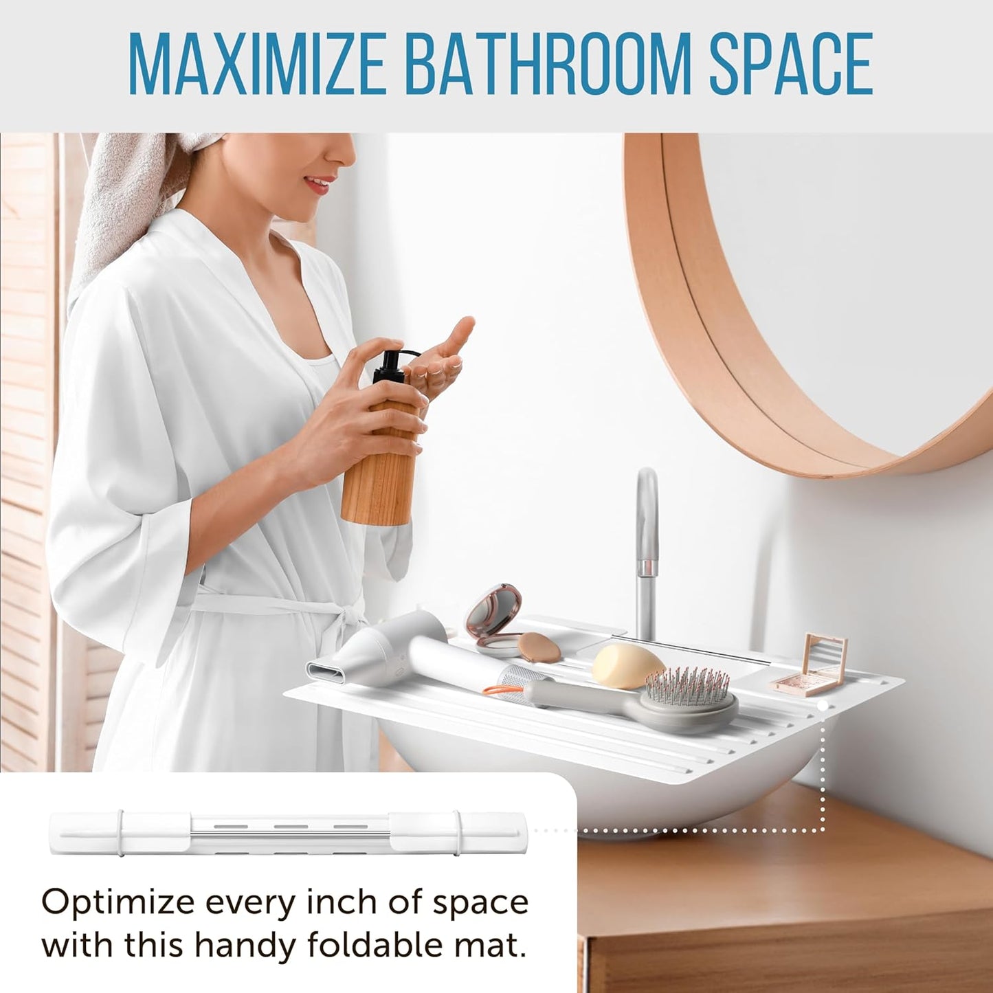 Maplefield Bathroom Sink Cover & Silicone Makeup Mat - White, 22 x 2 x 2 In - Heat Resistant to 400°F - Foldable Roll-Up Design with Raised Ridges - Space-Saving Countertop Mat