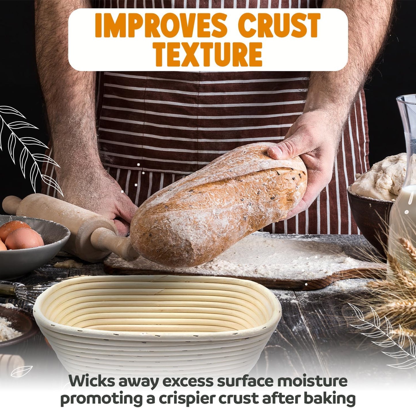 Banneton Bread Proofing Basket Sourdough Proofing Basket for Beginners & Professional Bakers, Handwoven Rattan Cane Bread Maker with Linen for Artisan Breads, 12.25 x 6 x 3.5 Inch, 2-Lb Rectangular