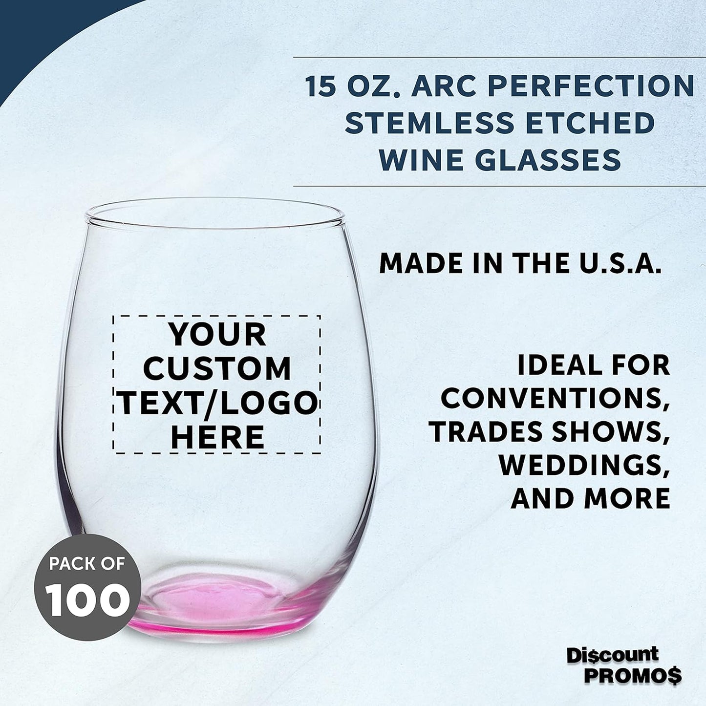Custom Stemless Wine Glasses in Bulk by ARC Perfection, 15 oz, 100 pack, Personalized Text, Logo, Red or White Wine Glass Set, Pink