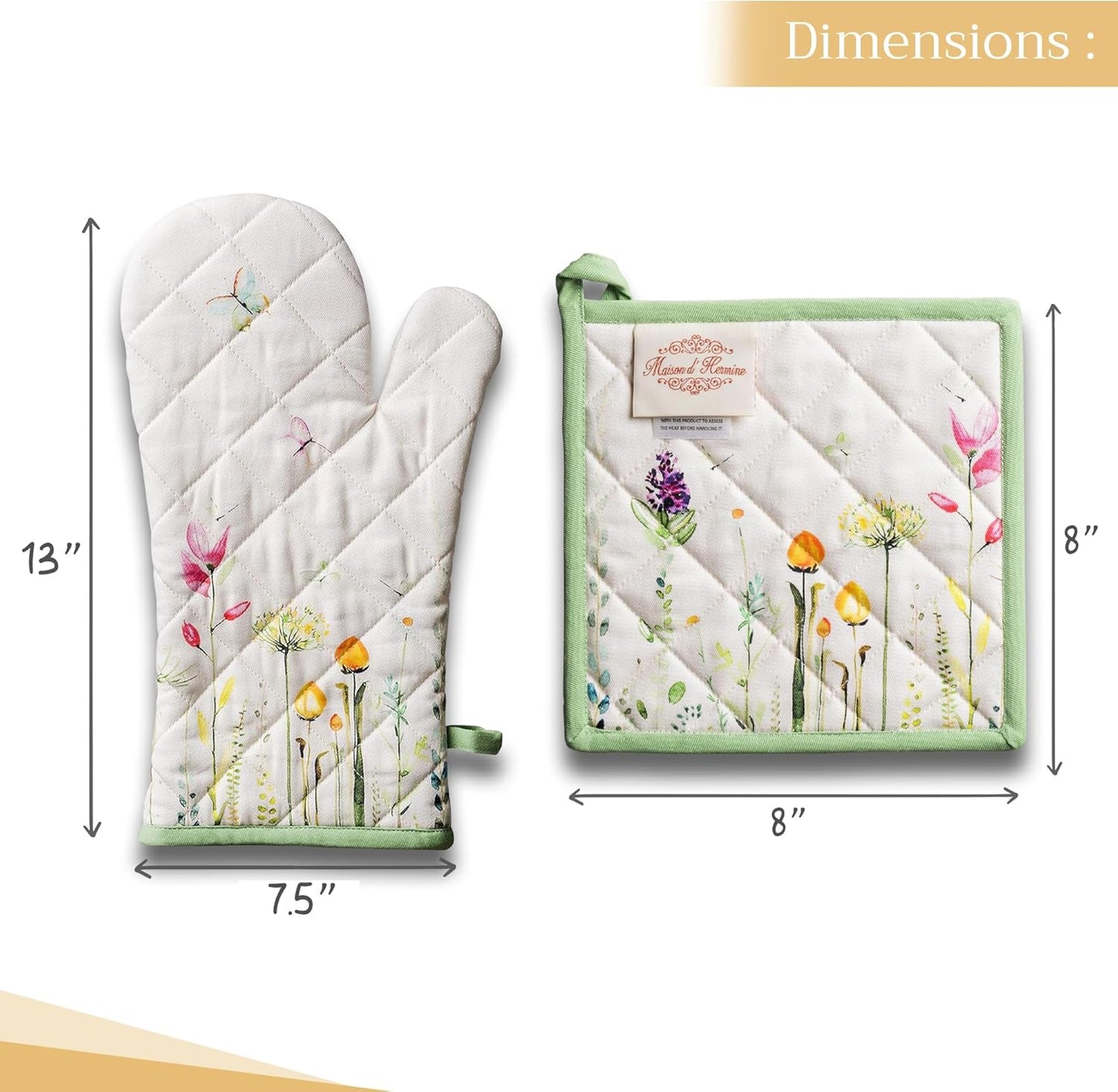 Maison d' Hermine 100% Cotton Oven Mitt & Pot Holder Set (7.5"x13" & 8"x8") Heat Resistant BBQ Cooking Gloves with Loop, Baking, Grilling, Kitchen, Handling Hot Pans Spring/Summer (Botanical Fresh)