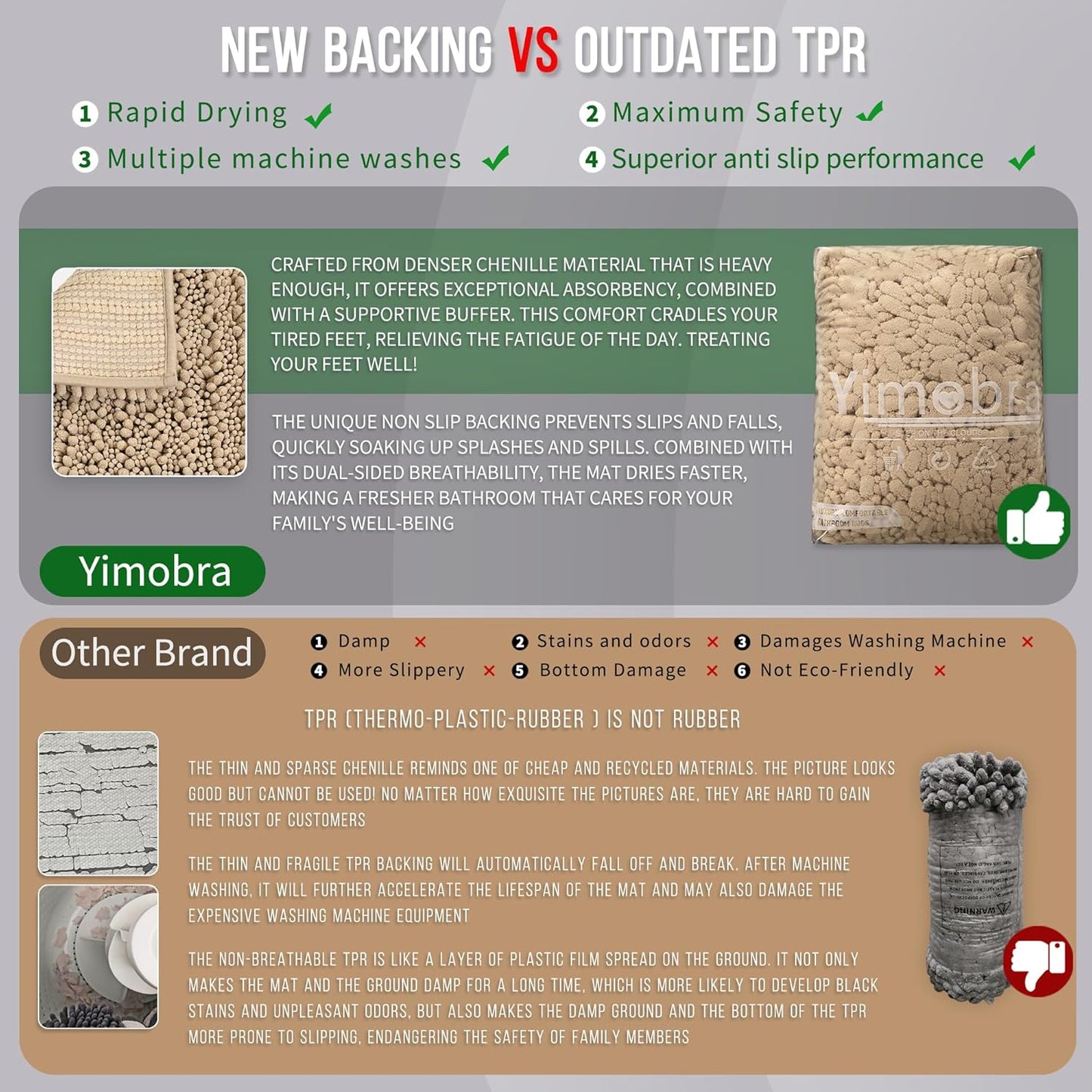 Yimobra Long Bathroom Rugs Non Slip Washable 44x24 Inch - Ultra Soft Absorbent Chenille Bath Mat, Quick Dry Shaggy Floor Carpet for Tub Shower, Pale Khaki Home Decor Accessories