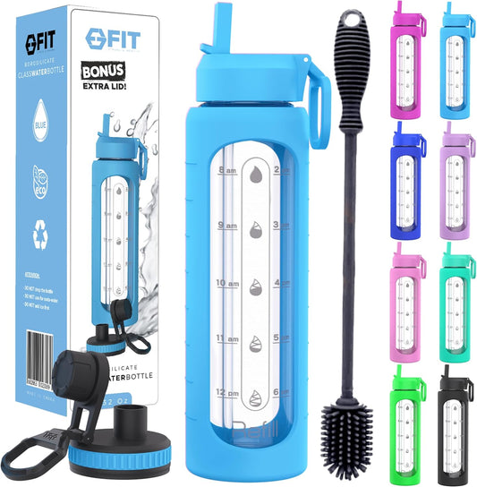 FIT Strong & Healthy 32 oz Glass Water Bottle with Straw Lid, Time Marker, Sleeve & Extra Lid - Motivational, Wide Mouth 1 Liter Glass Drinking Bottle