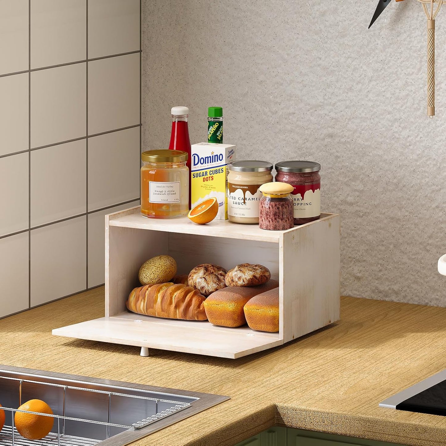 Bamboo Bread Box for Kitchen Counter Farmhouse Bread Storage Container Large Capacity Bread Storage Bin Bread Holder (Antique White)