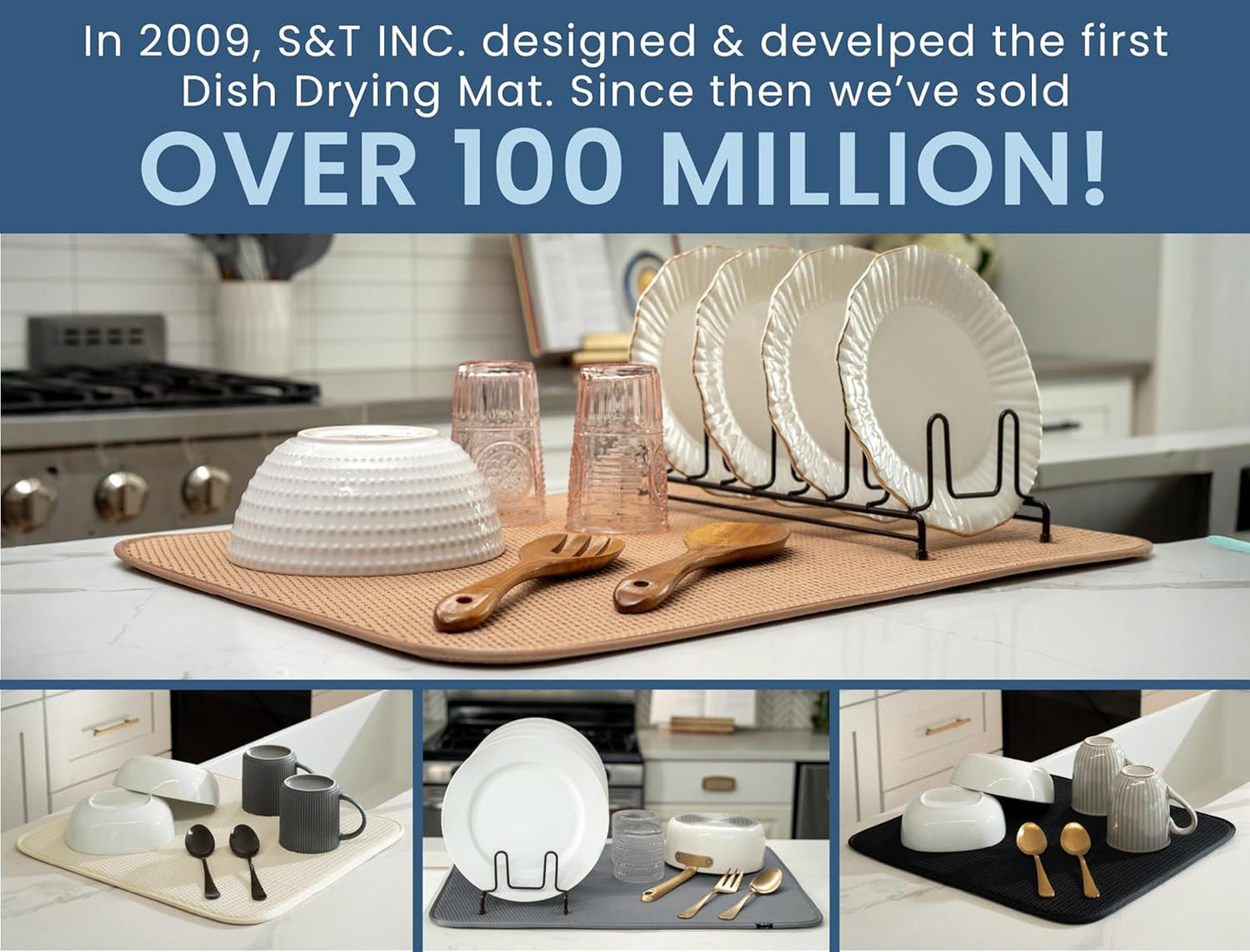 S&T INC. Dish Drying Mat, 16” x 18”, Absorbent Microfiber Kitchen Counter Mat, Drying Pad for Dishes, Utensils, Pots and Pans, Large, Diamond Texture, Pink