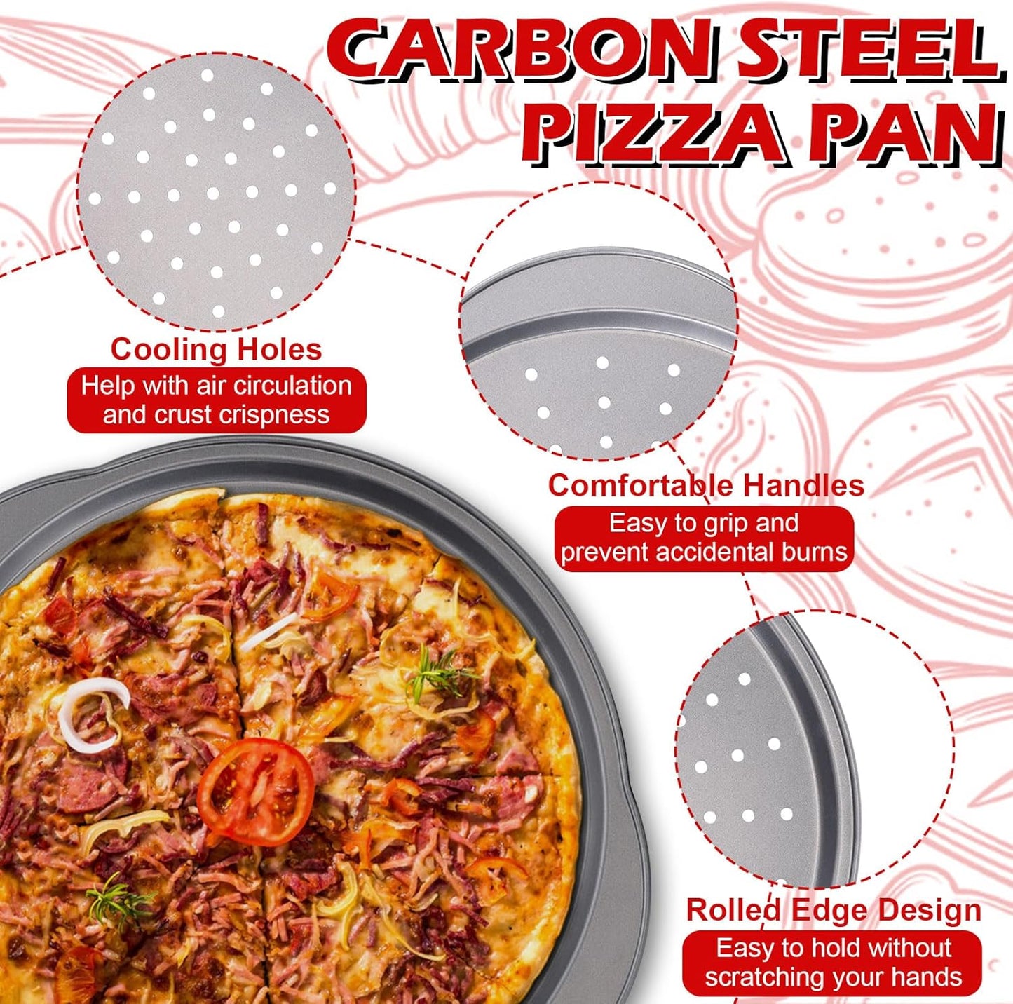 Pizza Pan for Oven - 13" Round Pizza Pans with Holes(2 Pack), Non-stick Carbon Steel Pizza Trays with Handle, Easy to Clean & Oven Safe