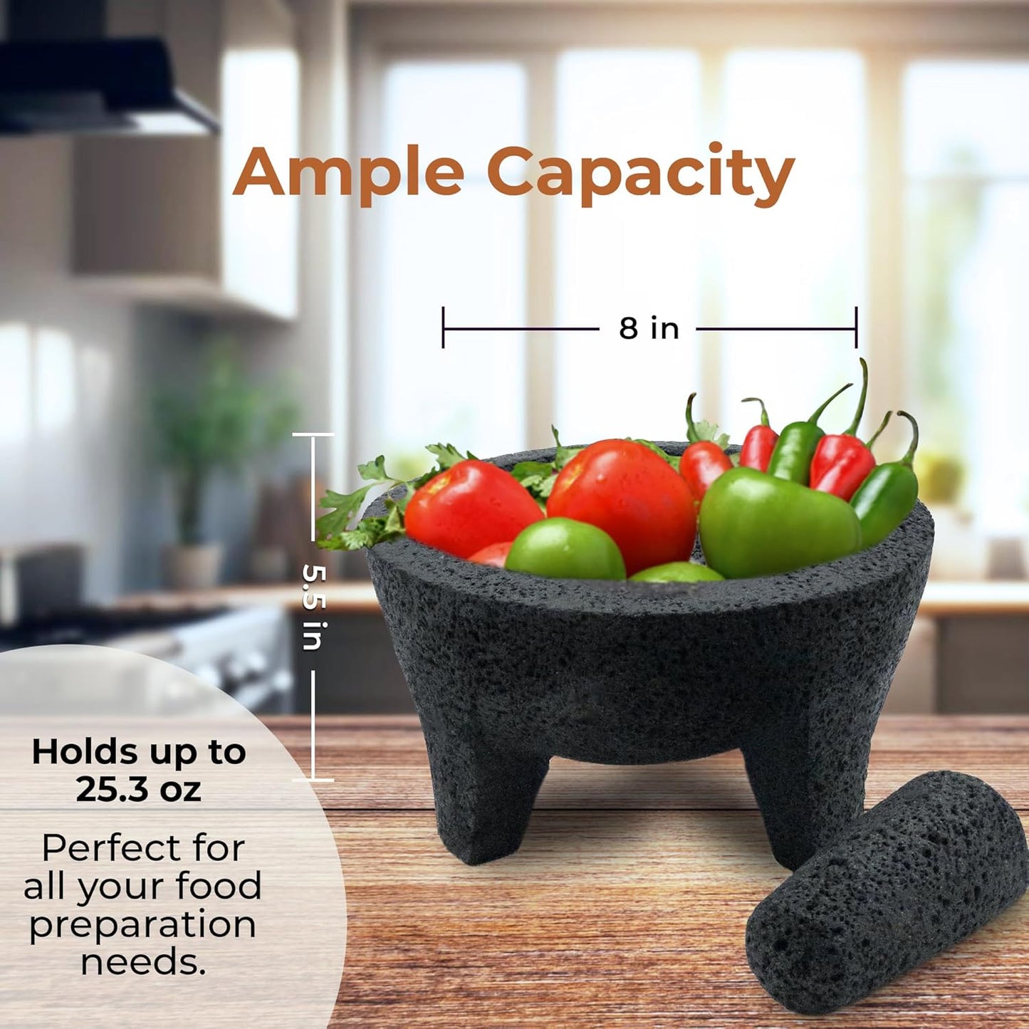 The Authentic Molcajete Mexicano Made of Lava Volcanic Rock, Set with Mortar, Pestle and Cutting Board Included - Large Molcajete 8-Inch, Molcajete de Piedra Volcánica, Molcajete for Oven (Black)