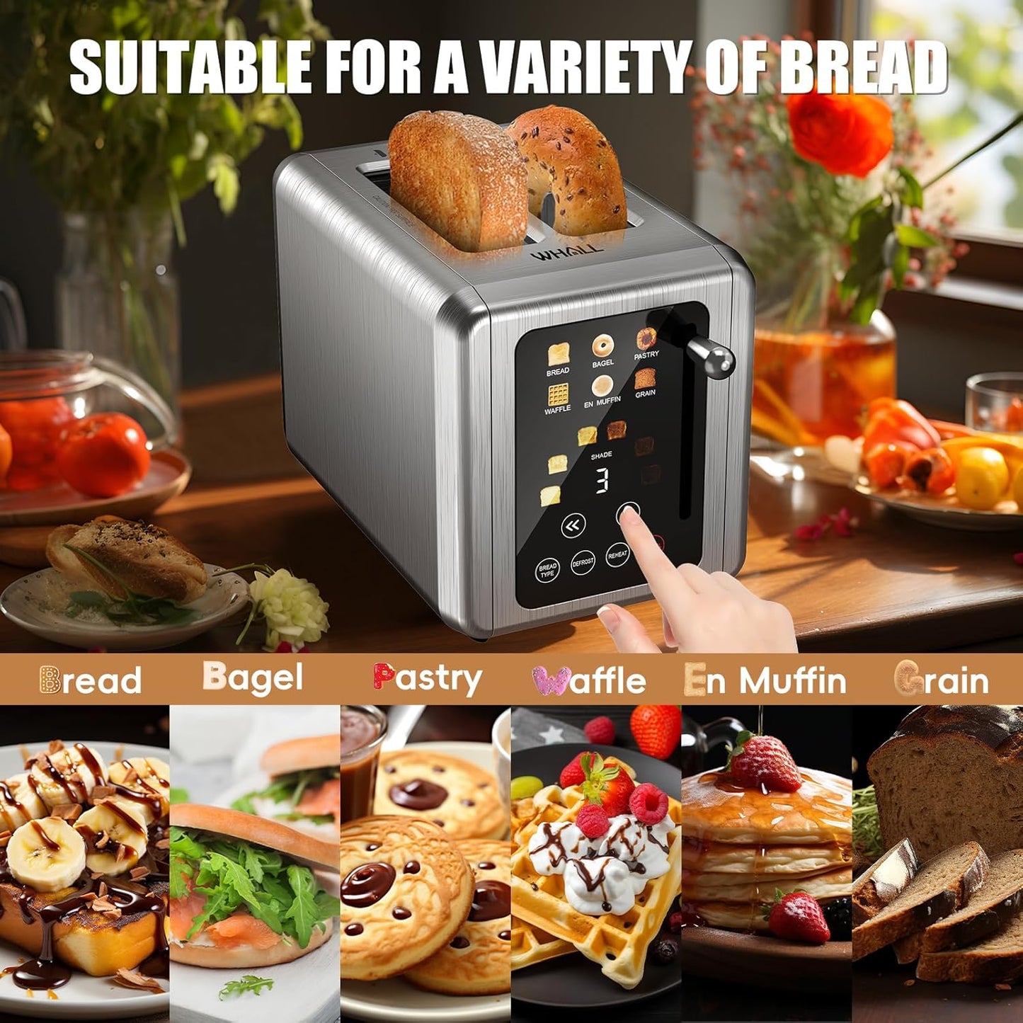 WHALL® Touch Screen Toaster 2 Slice, Stainless Steel Digital Timer Toaster, 6 Bread Types & 6 Shade Settings, Smart Extra Wide Slots Toasters With Bagel, Cancel, Defrost Functions