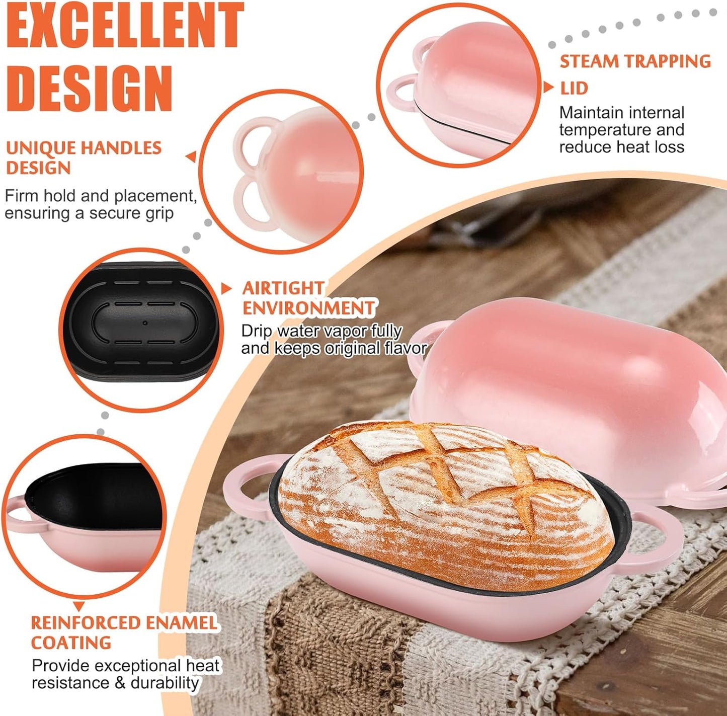 Enameled Cast Iron Bread Oven, 5QT Loaf Cast Iron Bread Pan with Lid, Oval Dutch Oven for Homemade Bread Baking (Gradient Pink)