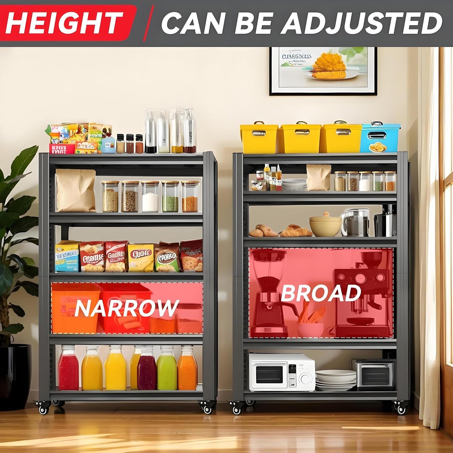 72" H 5-Shelf Metal Storage Shelves, 2000 lbs Garage Shelving Unit with Pegboard, Adjustable Industrial Heavy Duty Storage Rack with Wheels, 47.2" W x 23.6" D for Pantry Basement, Black