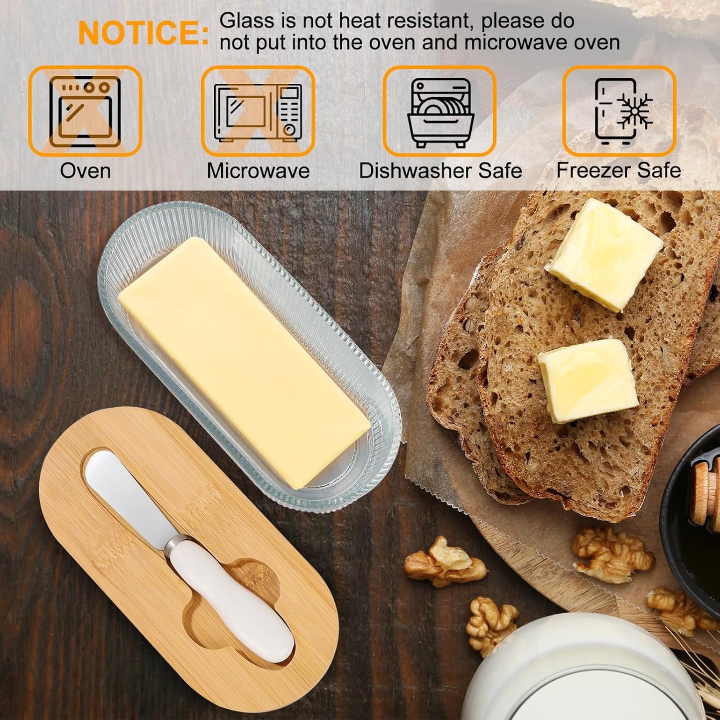 Butter Dish with Lid, Butter Container for Countertop, Butter Tray Butter Keeper with Bamboo Lid and Stainless Steel Knife, Glass Butter Dish Perfect for East/West Coast Butter