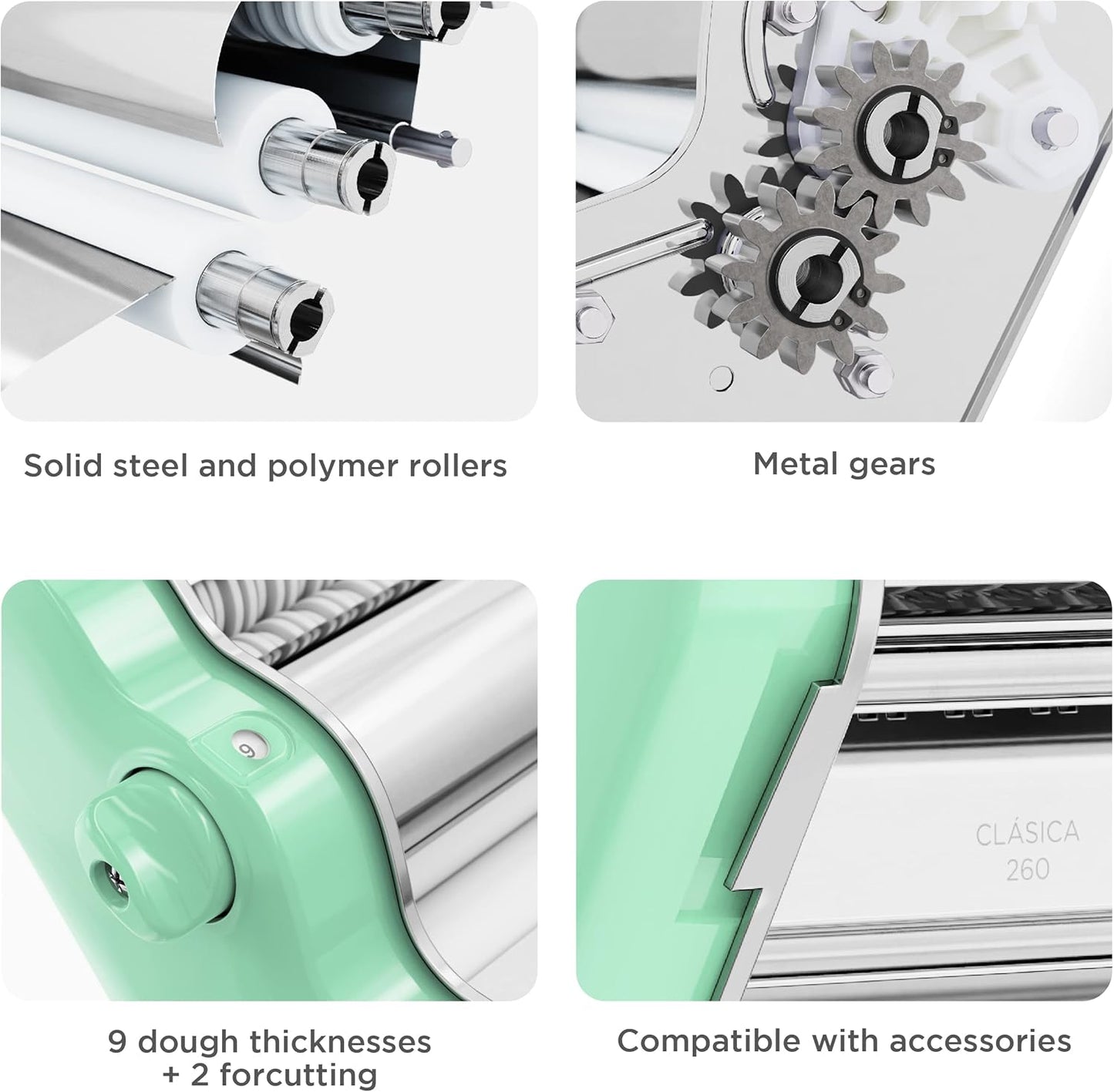PASTALINDA Classic 260 Pasta Maker Machine, 26 cm Wide Rollers, 9 Thickness Positions, 2 Cutting Positions, Stainless Steel. Includes Reinforced Hand Crank And Two Clamps (Pastel Green)