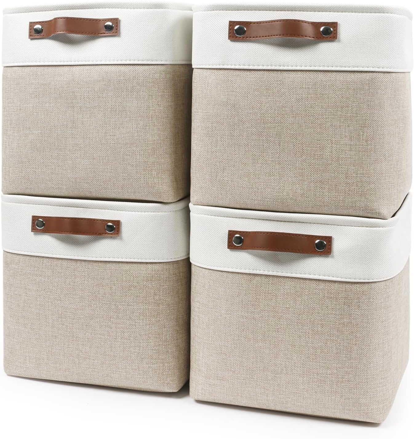 Collapsible Fabric Storage Cubes 11x11 Cube Storage Bins, 4 Pack Closet Baskets Box with Handles for Organizing, Shelf, Toys, Clothes, Home, Office, Nursery (Beige&White)