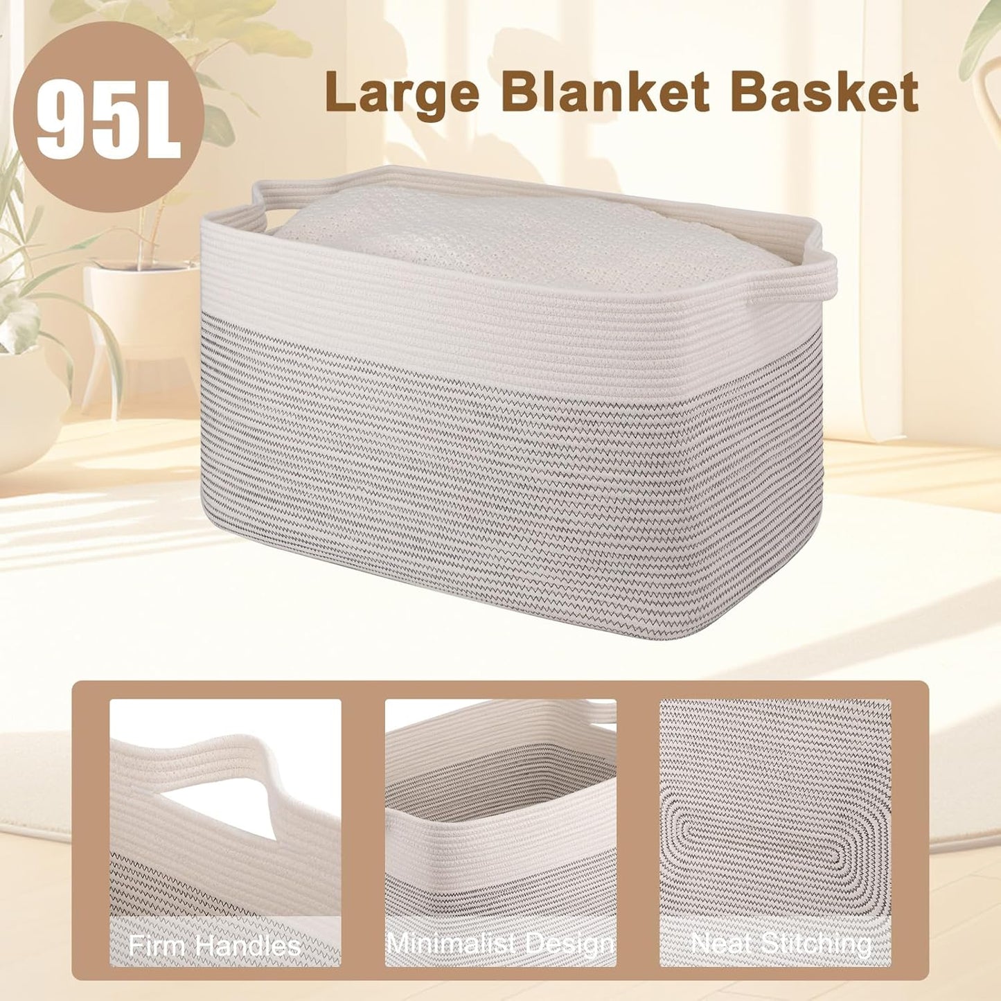 OIAHOMY 95L Blanket Basket, 24”x17”x14”, Large Woven Baskets for Storage, Nursery Cotton Rope Basket with Handle, Living Room, Nursery, Bedroom,Toy Baskets Organizer Bins, Black and White