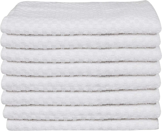DG Collections White Kitchen Towels - 100% Cotton Terry Tea Towels for Cleaning, Drying, and Highly Absorbent Kitchen Dish Cloth for Bar Cleaning - 8 Pack - 15 x 25 Inches