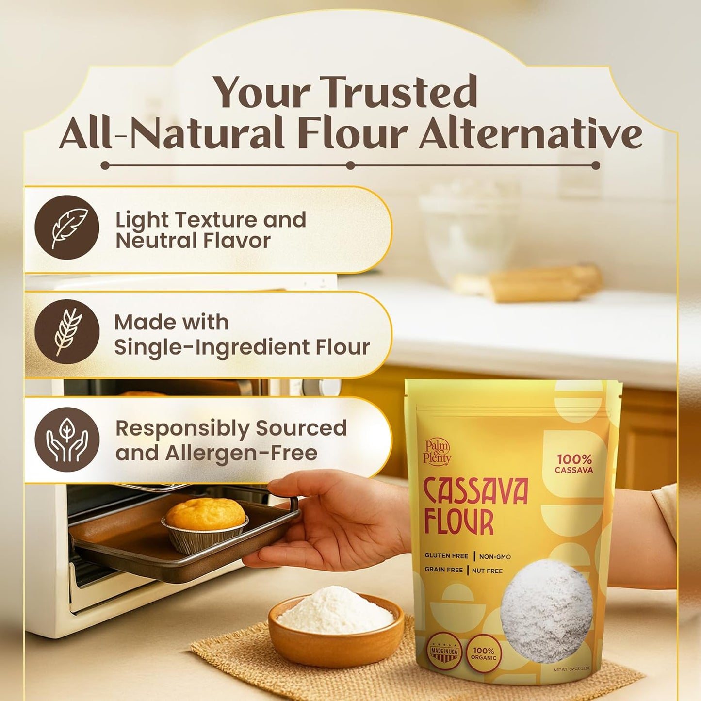 Palm & Plenty Natural Cassava Flour - Gluten Free, Grain Free, and Nut Free All Purpose Flour Alternative - Great for Tortillas, Pancakes, Pasta, and Baking - Non GMO Yuca Root-Based Flour - 2 lb Bag