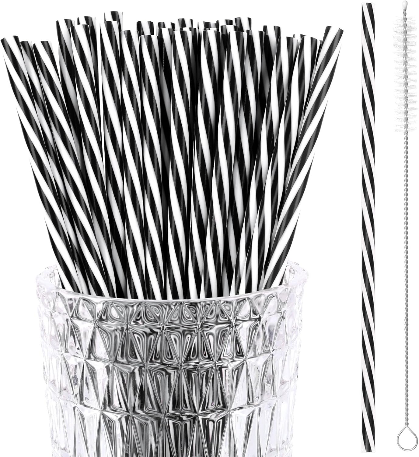 JANYUN 30 Pcs Halloween Straws Plastic, Reusable Black and White Striped 9 Inch Hard Plastic Drinking Straws with Cleaning Brush for Christmas Halloween Birthday Party Supplies Table Decorations