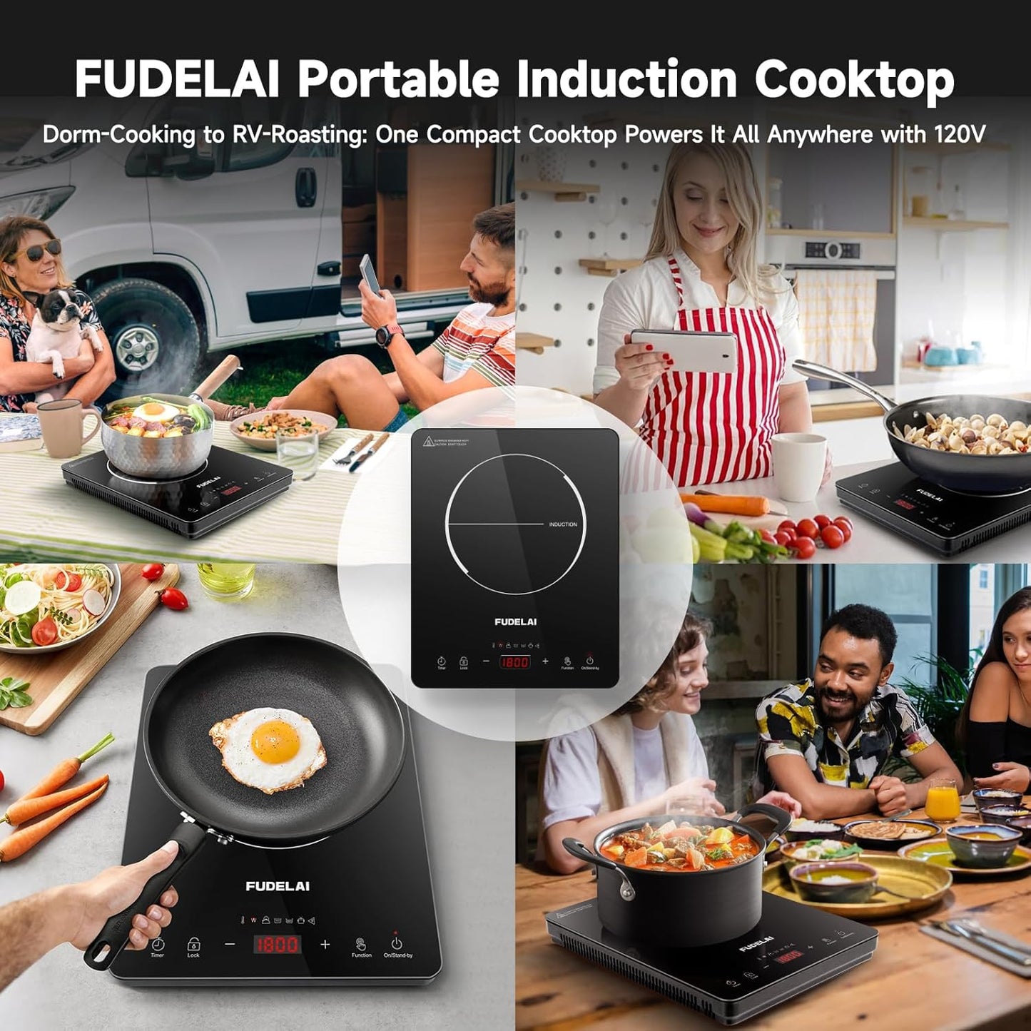 Portable Induction Cooktop 1800W Countertop Burner with 20 Temp/Power Settings, Child Lock & Turbo Cooling - 6.9" Sensor Coil, Hot Pot Mode, RV/Camping Safe Cooker for Dorm RV Kitchen (Black)
