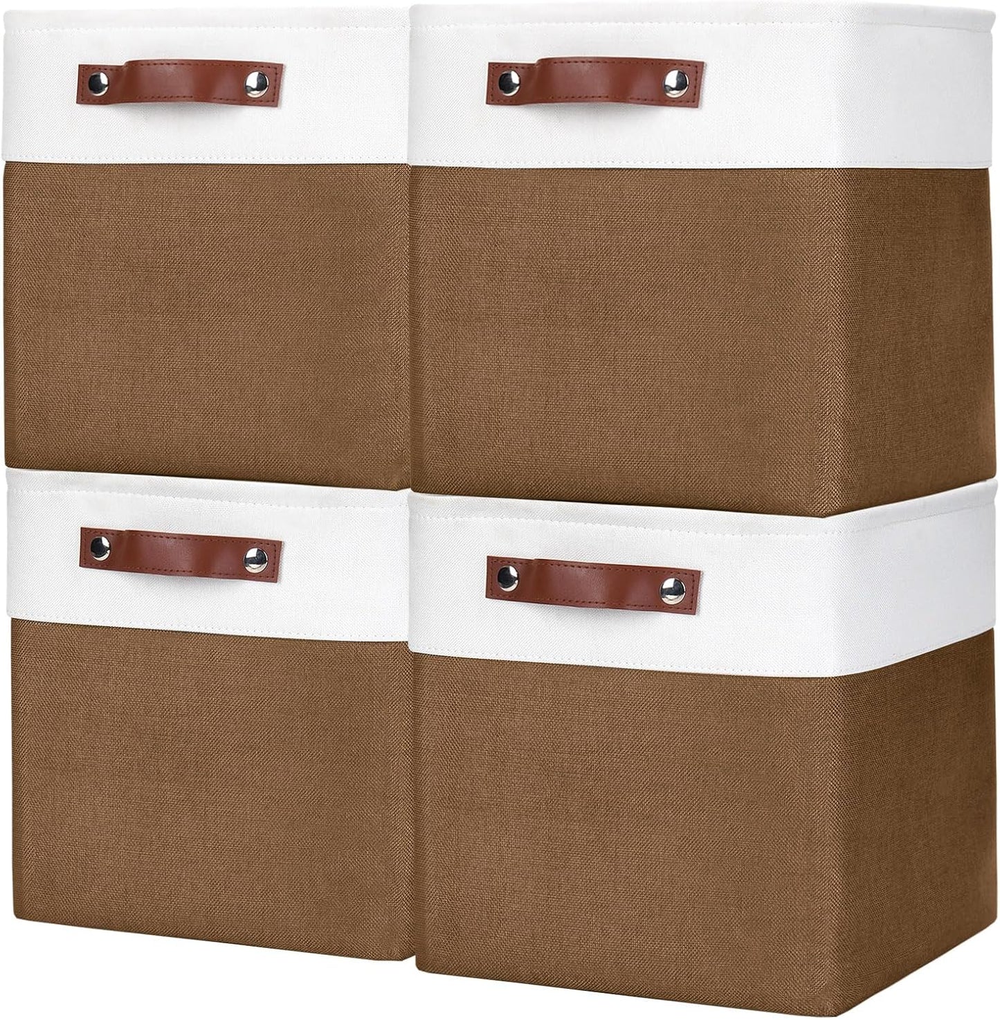 Collapsible Fabric Storage Cubes 11x11 Cube Storage Bins, 4 Pack Closet Baskets Box with Handles for Organizing, Shelf, Toys, Clothes, Home, Office, Nursery (Brown&White)