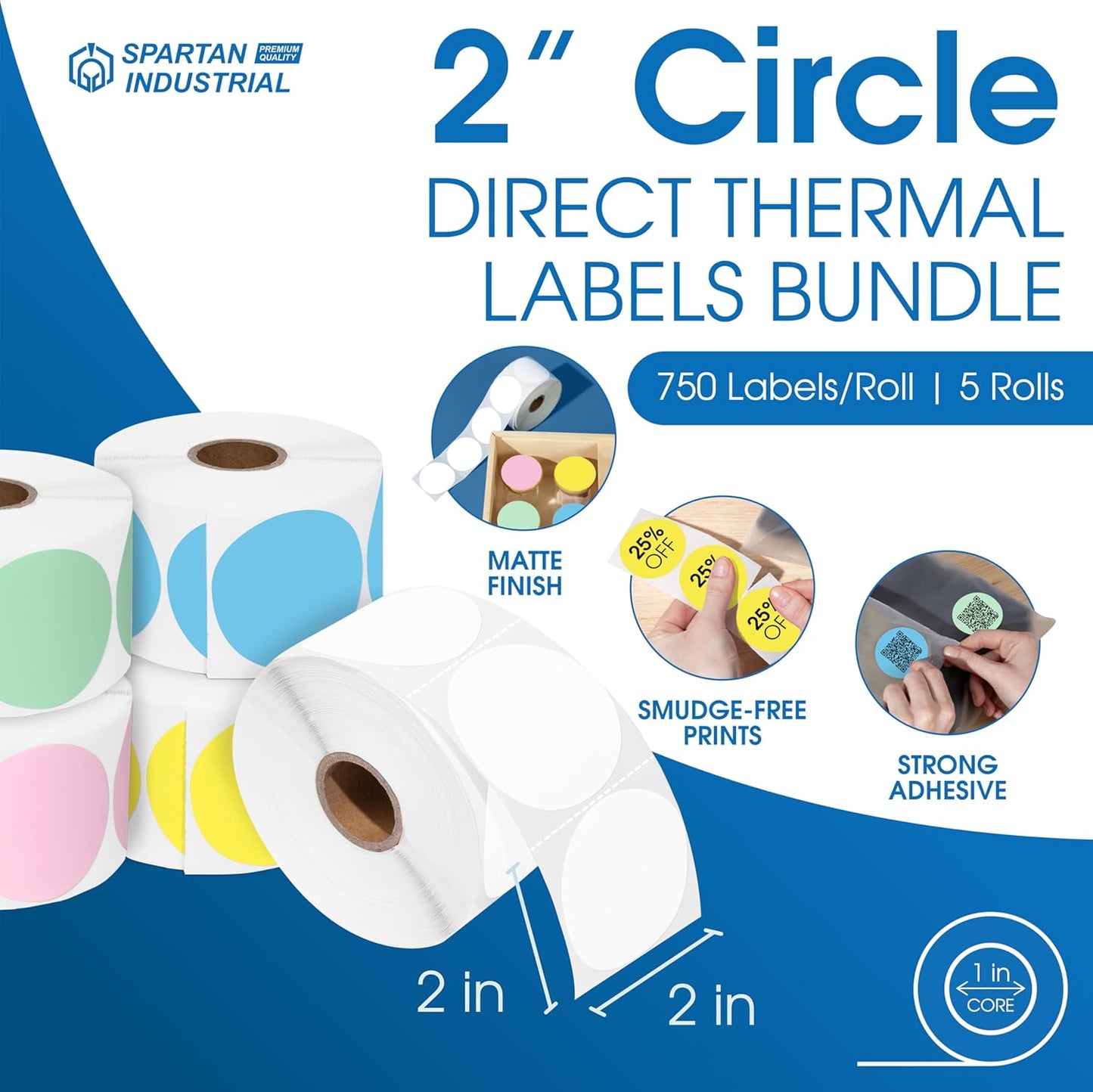 Spartan Industrial 2" Direct Thermal Multicolored Labels | Perforated Custom Circle Logo Stickers - Works with Rollo, Zebra, MUNBYN Desktop Printers - 5 Rolls, 750/Roll
