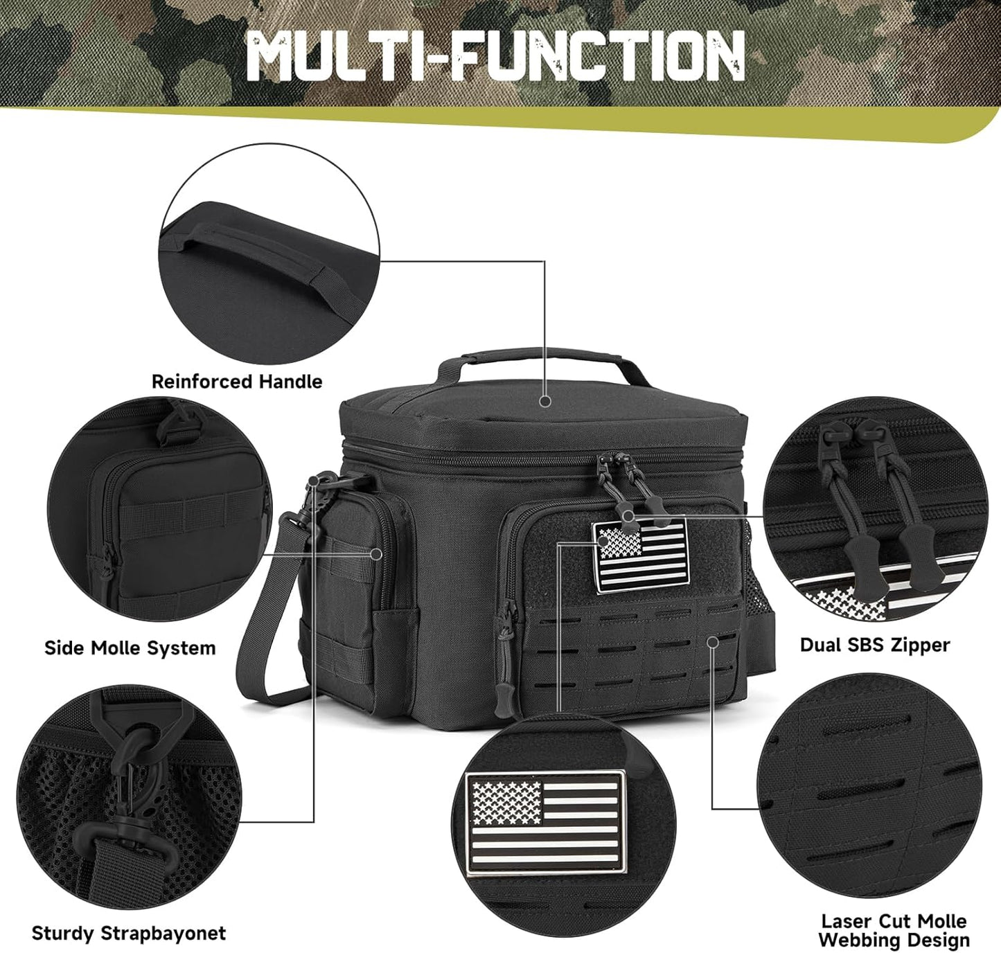 QT&QY Tactical Lunch Bag for mens Military heavy duty lunch box work Leakproof insulated Durable Thermal Cooler Bag for Adult Meal for Office Camping Picnic Pail MOLLE Webbing Black