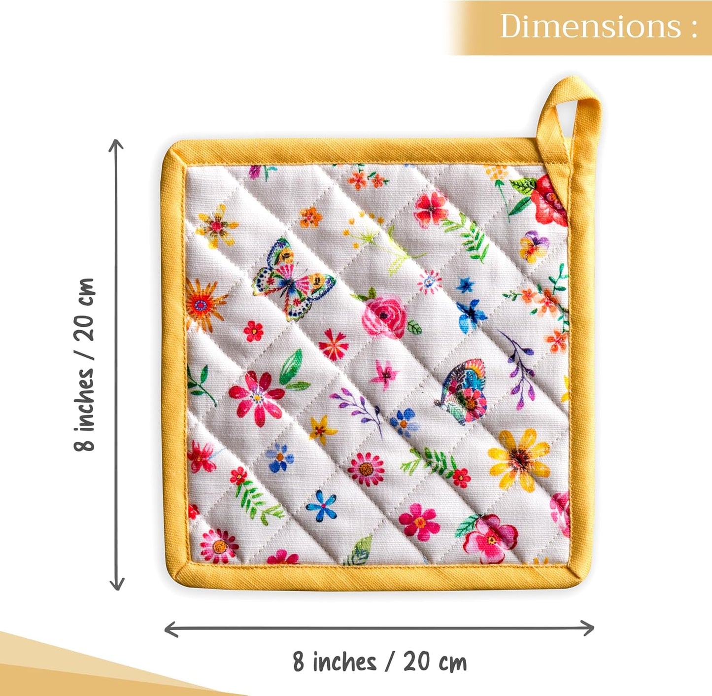 Maison d' Hermine Pot Holders Set 100% Cotton Heat Resistant Potholders 8" x 8" Hot Pads with Loop BBQ, Cooking, Grilling, Kitchen, Handling Hot Pans Spring/Summer (Pack of 2, Happy Florals - Sweety)