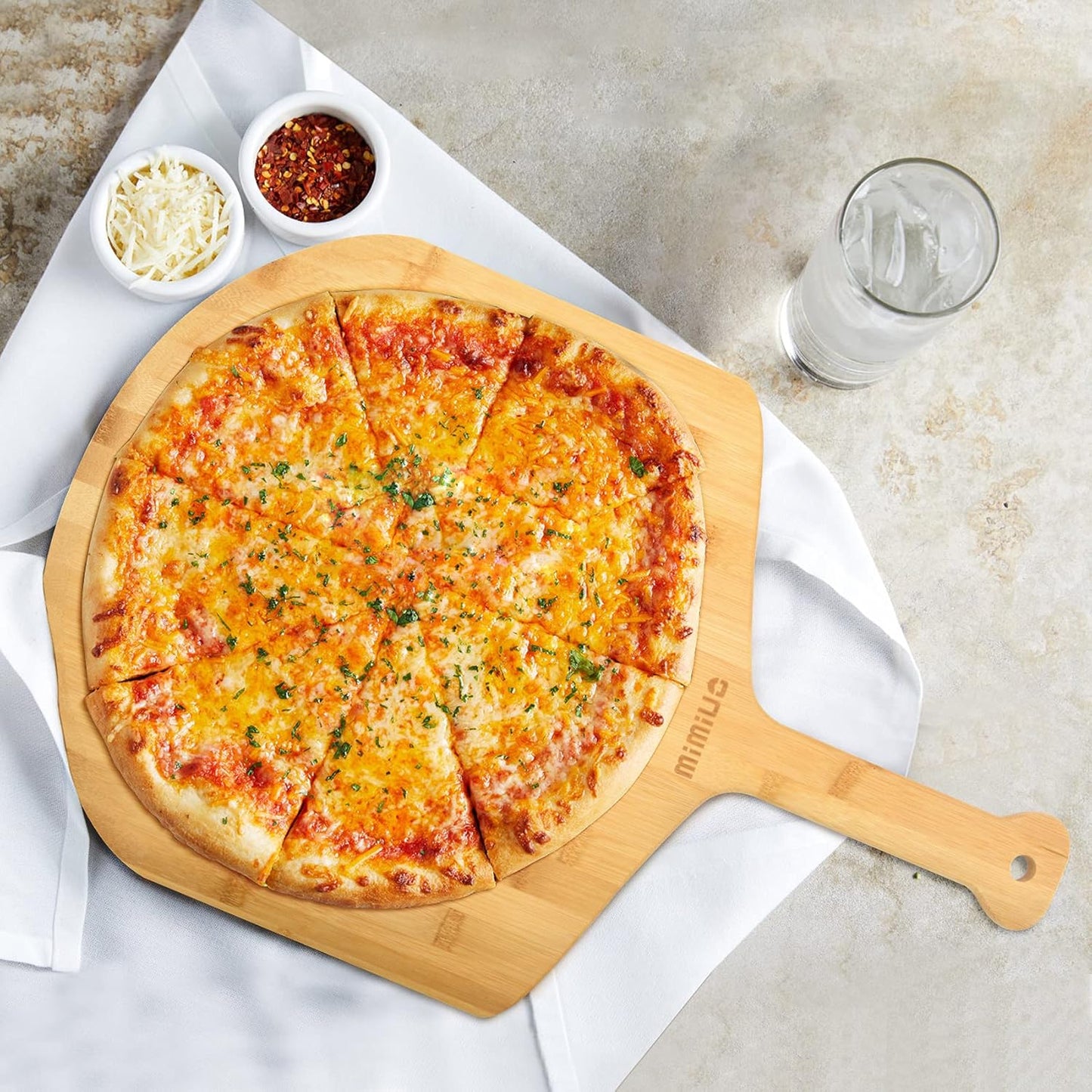 Mimiuo Natural Bamboo Pizza Peel - 12 Inch Wooden Pizza Spatula for Baking Homemade Pizza Bread and Cutting Fruit Vegs