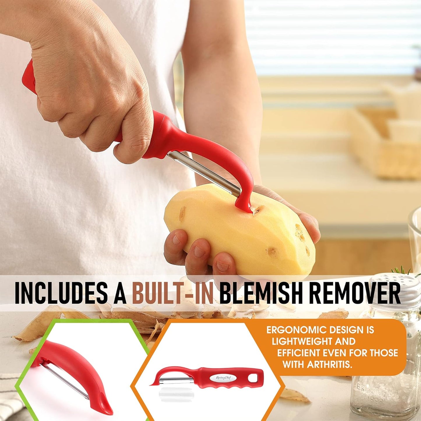 Spring Chef Professional Red Swivel Vegetable Peeler for Kitchen, Stainless Steel Potato Peelers with Soft Grip Handle, Perfect for Peeling Apple, Veggie, Fruit, Carrot, Dishwasher Safe - Set of 2