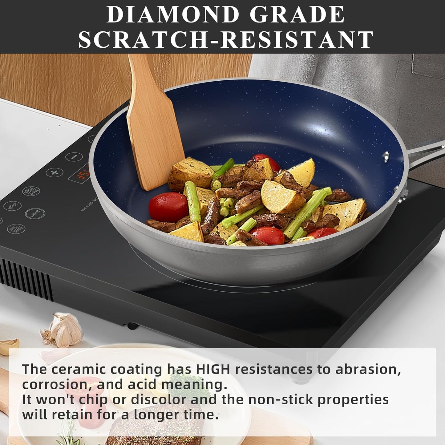 Nuwave Healthy Duralon Blue Ceramic Nonstick Cookware Set, Diamond Infused Scratch-Resistant, PFAS Free, Dishwasher & Oven Safe, Induction Ready & Evenly Heats, Tempered Glass Lids & Stay-Cool Handles