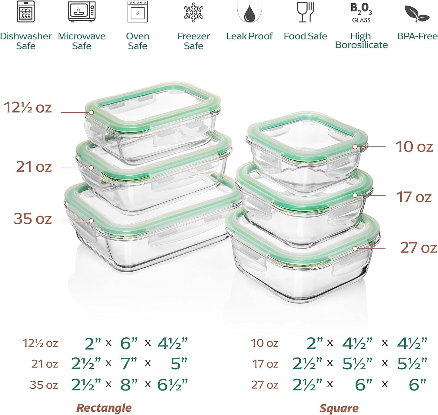 Fusion Gourmet Glass Meal Prep Containers with Lids [6 Pack] Storage Containers, Leak proof, Airtight Locking Lids, Microwave, Oven, Freezer & Dishwasher Safe
