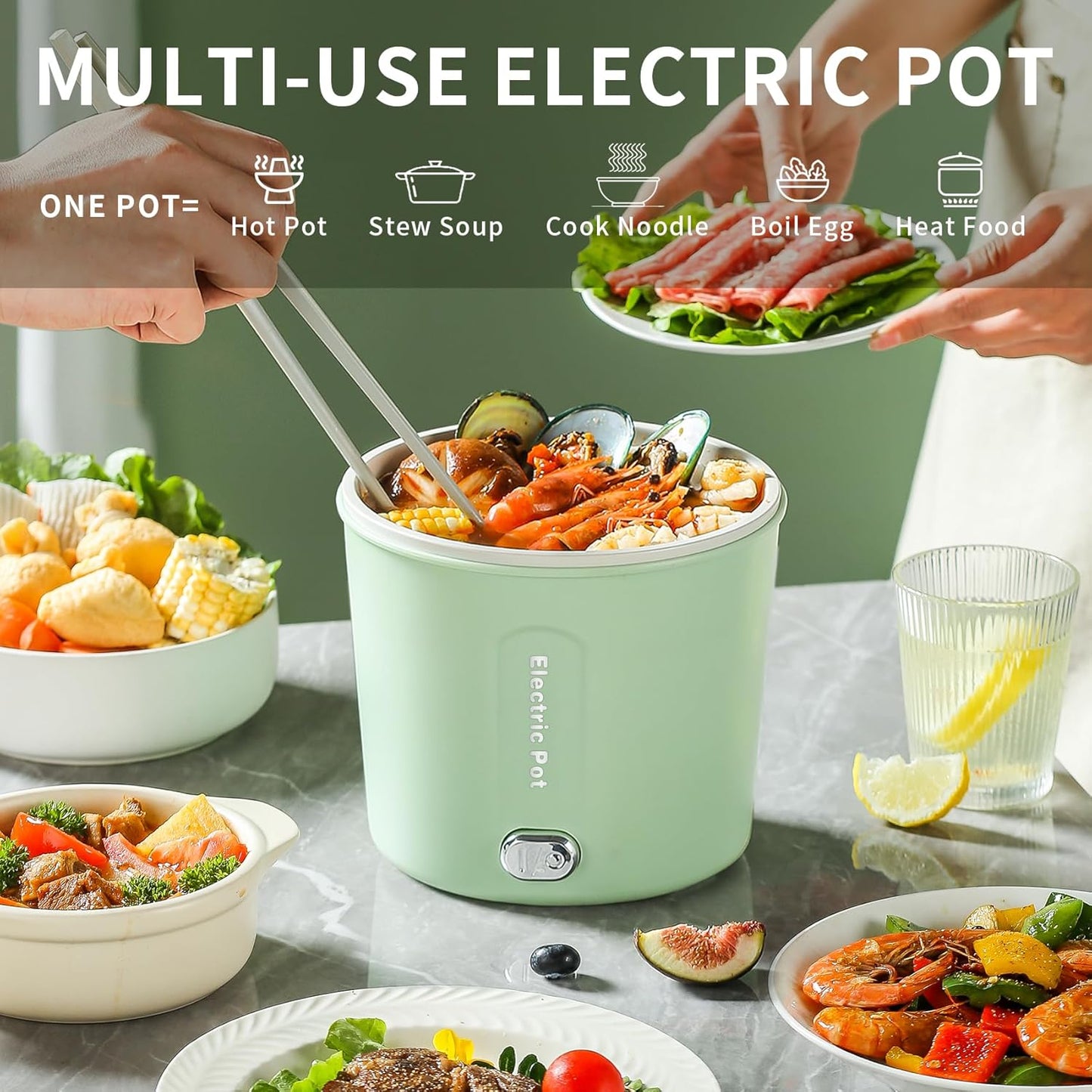 Hot Pot Electric, 1L Mini Ramen Cooker, 450W Rapid Noodles Cooker, Multifunctional Electric Pot for Cooking Pasta, Soup, Portable Pots with Over-Heating Protection for Dorm, Office, Travel