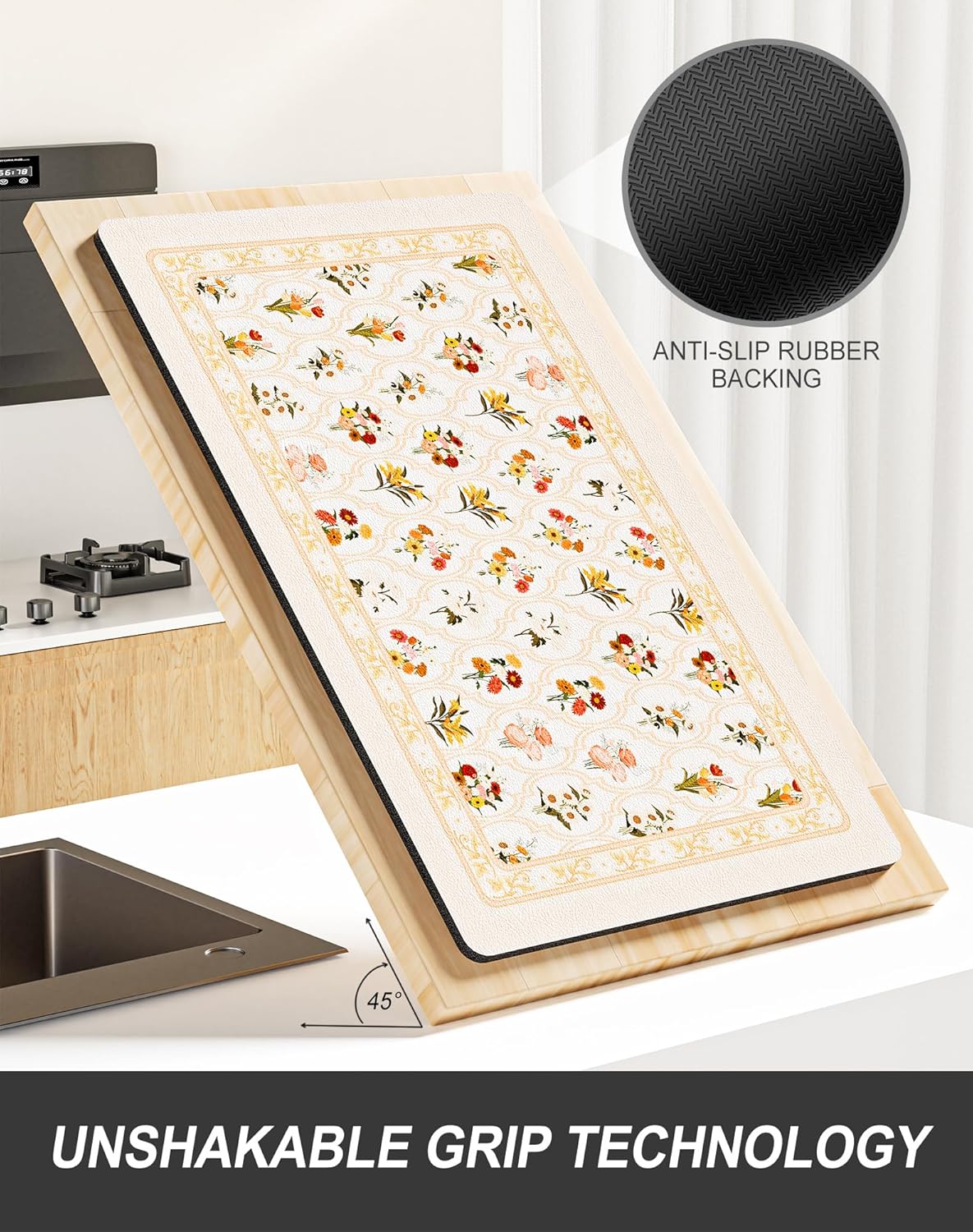 Rnivvi Dish Drying Mat for Kitchen Counter, XL 15 x 24" Cute Flower Theme Absorbent Draining Pad, Non-Slip Heat Resistant Coffee Bar Mat for Coffee Machine Station Accessories, Beige Dish Rack Pad