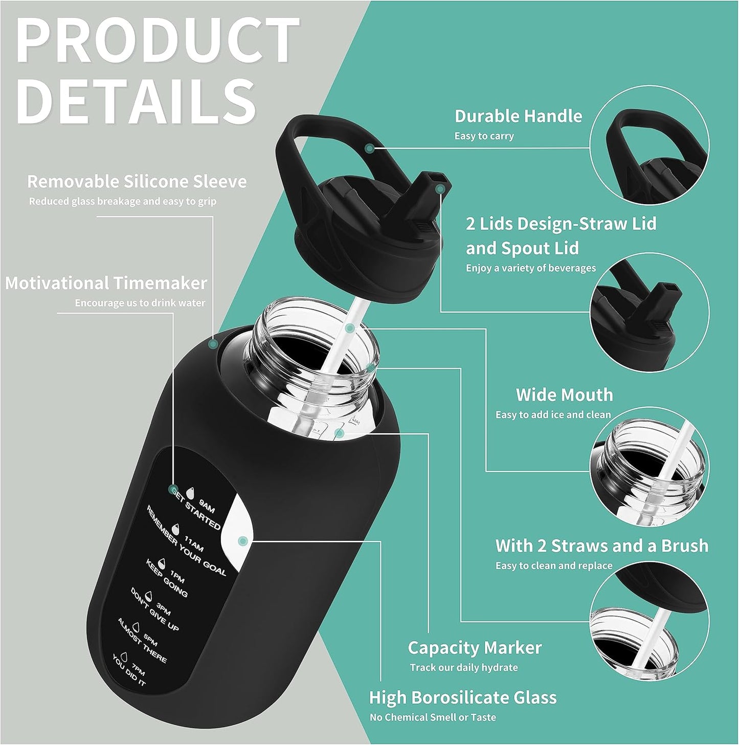 CIVAGO 64 oz Glass Water Bottle Jug with Straw and Handle, Half Gallon Sports Motivational Water Bottle with Time Marker, Wide Mouth Flask Canteen with Silicone Sleeve for Gym, Blush