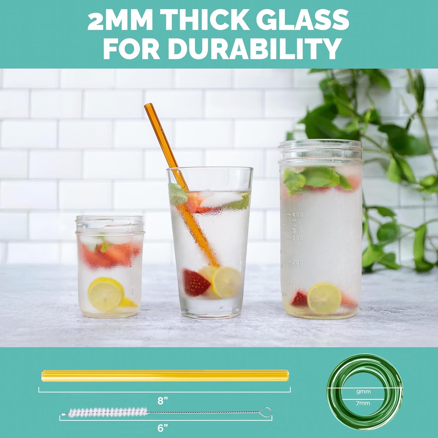 Simply Straws 8 Inch Glass Straws Straight (6-Pack) – Reusable Glass Straws for Pints & Juice Drinkware, with Cleaning Brush – Dishwasher Safe, Hot & Cold Use, BPA-Free (Fjord Mist)